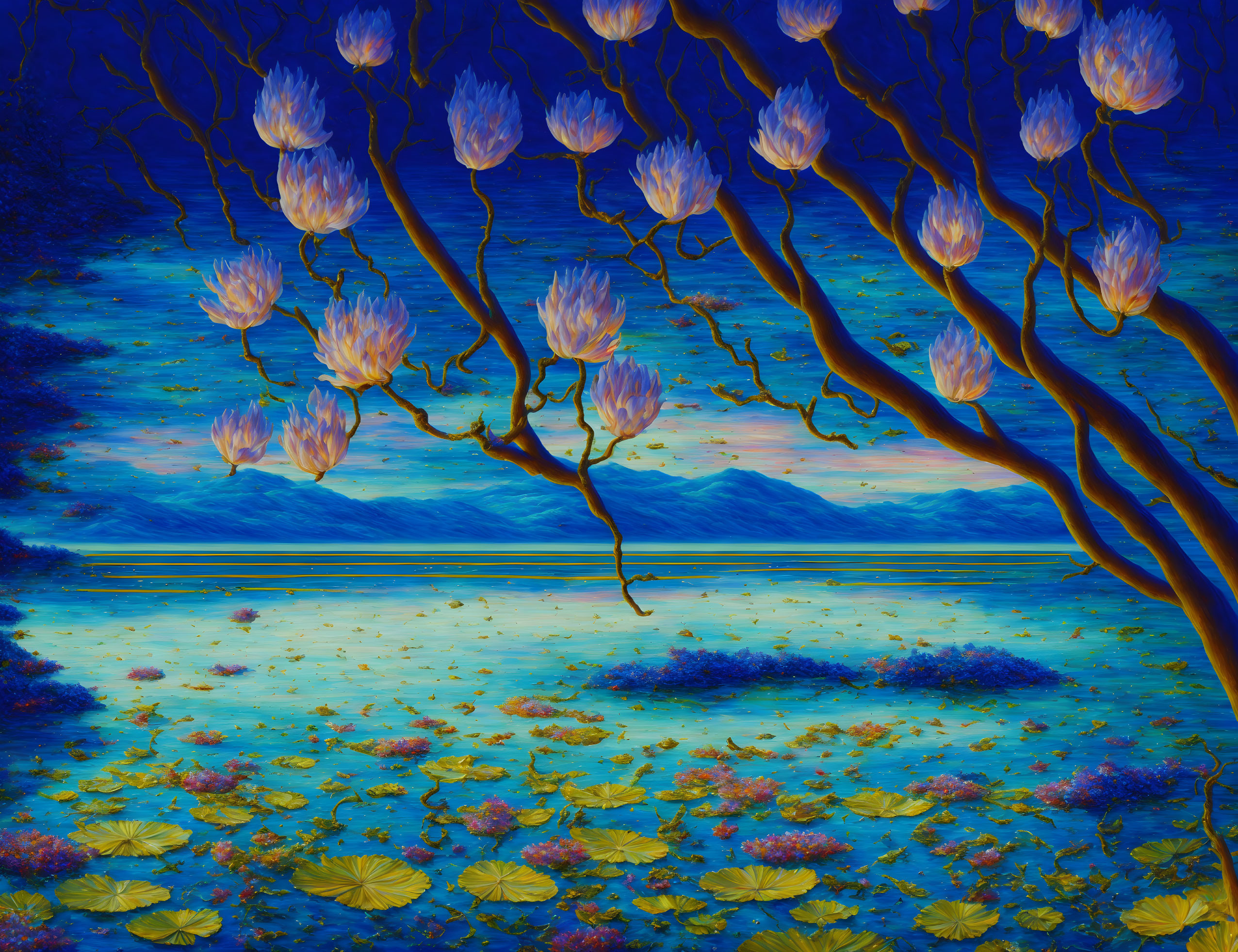 Surreal landscape with blue flame-like flowers, reflective lake, and starry night sky