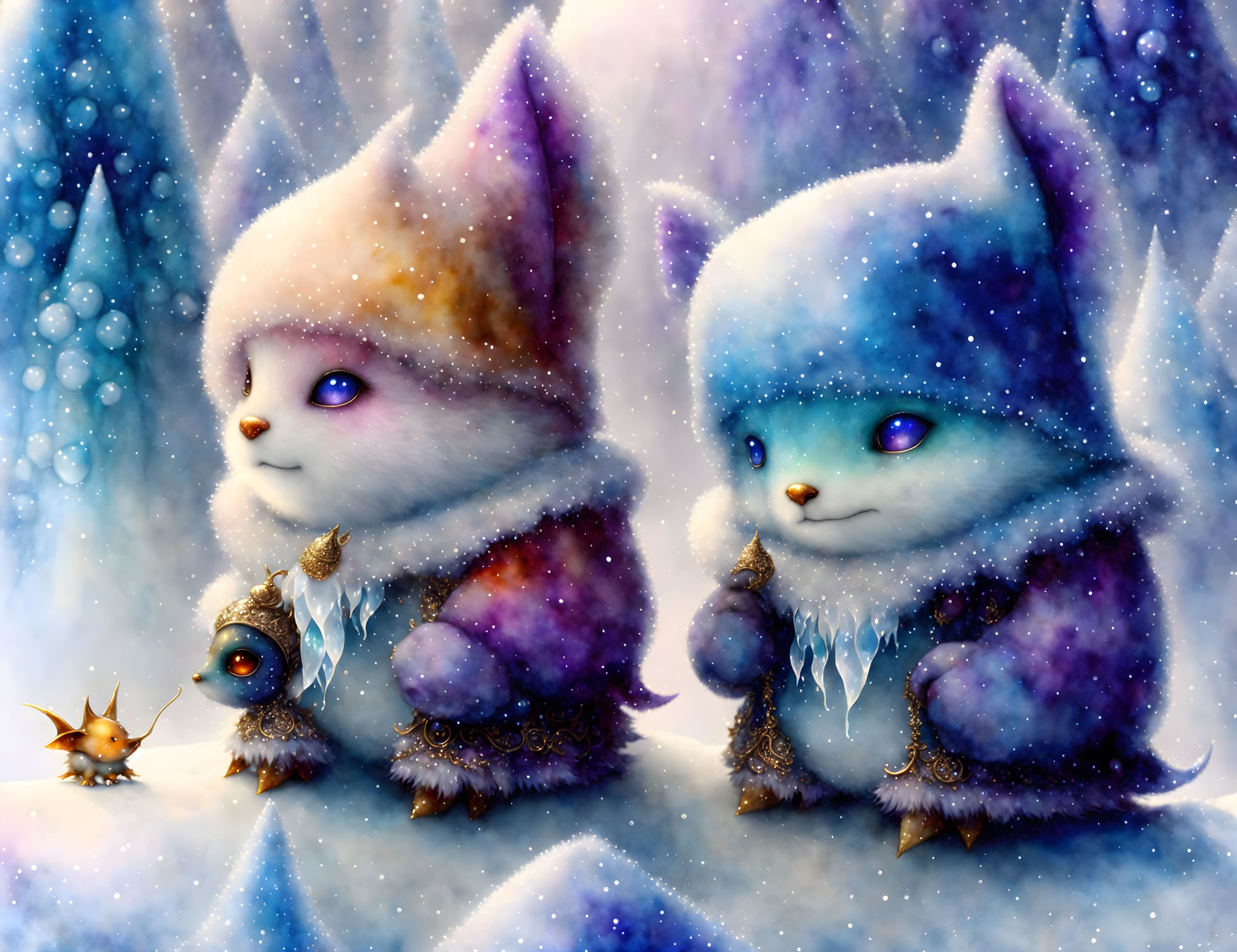 Fantasy creatures in winter attire with cat-like features in snowy setting