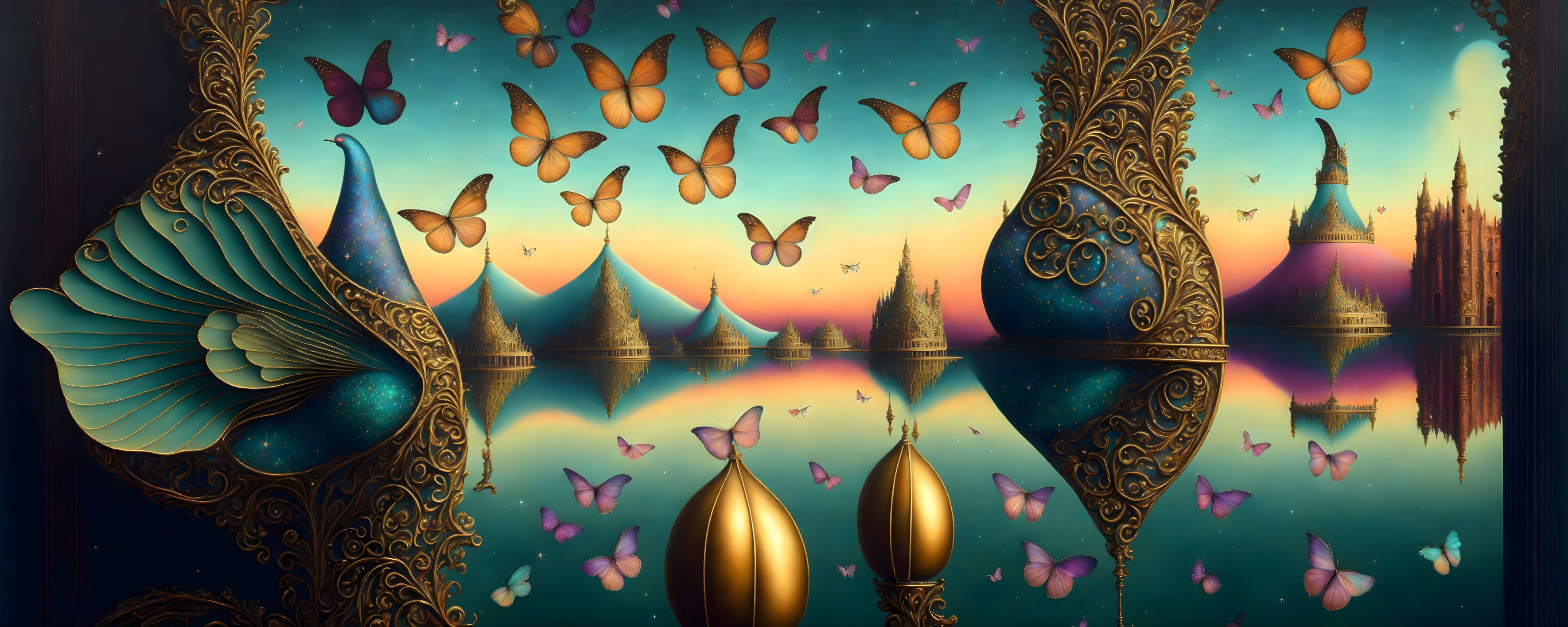 Fantasy landscape with golden frames, serene lake, colorful skies, castles, and fluttering butterflies