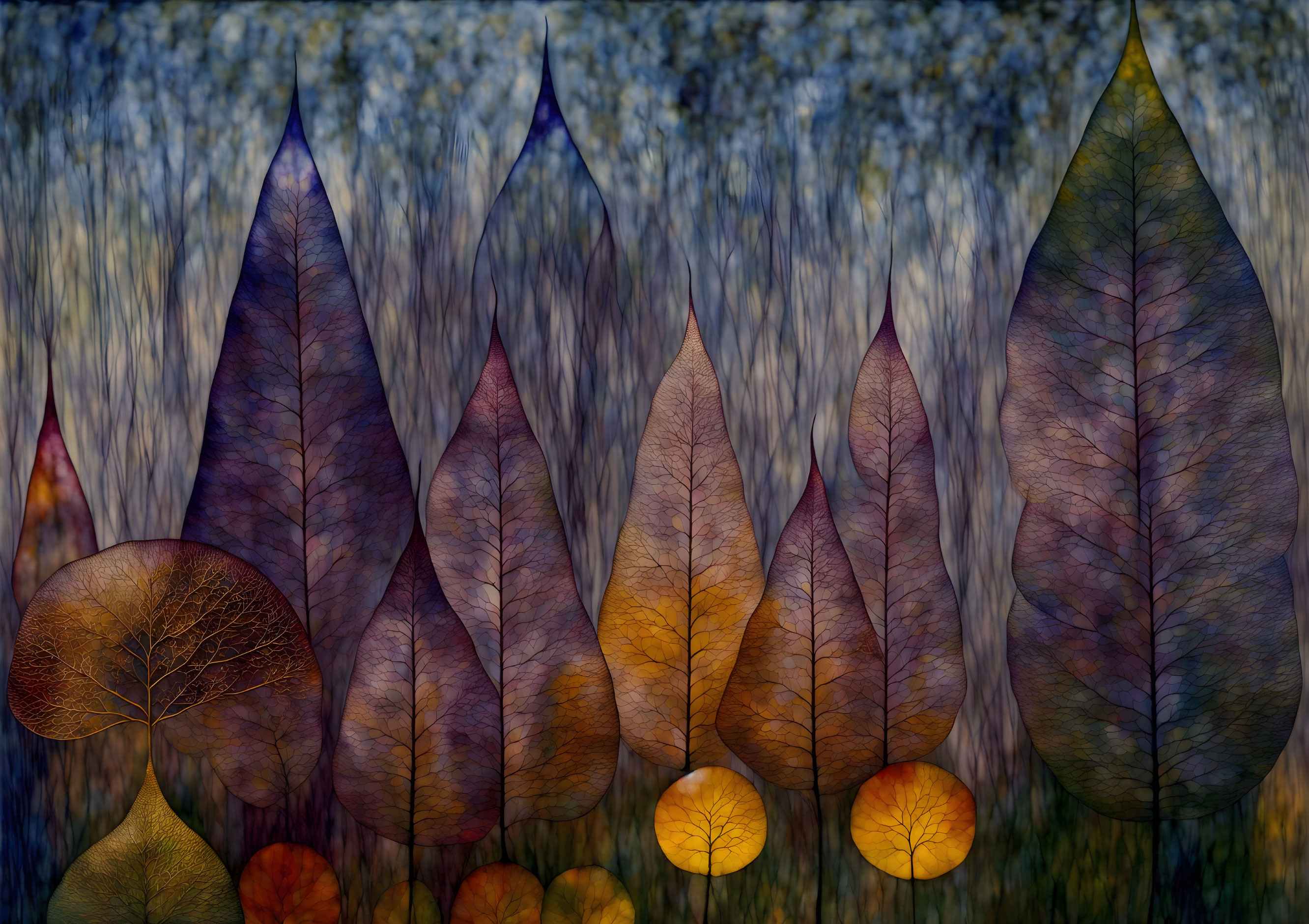 Forest-themed artwork with tall tree-like leaves in brown and gold on a textured blue and gray backdrop