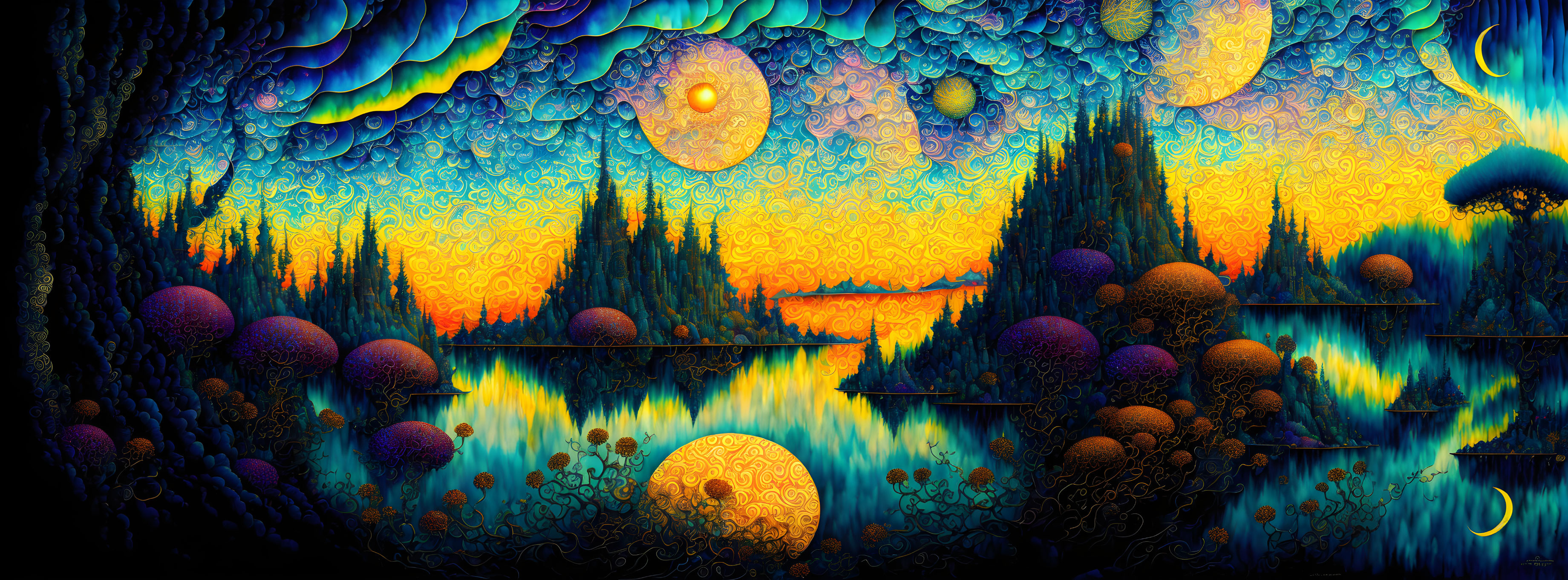 Surreal landscape with fiery sunset, reflective water, and fantastical elements