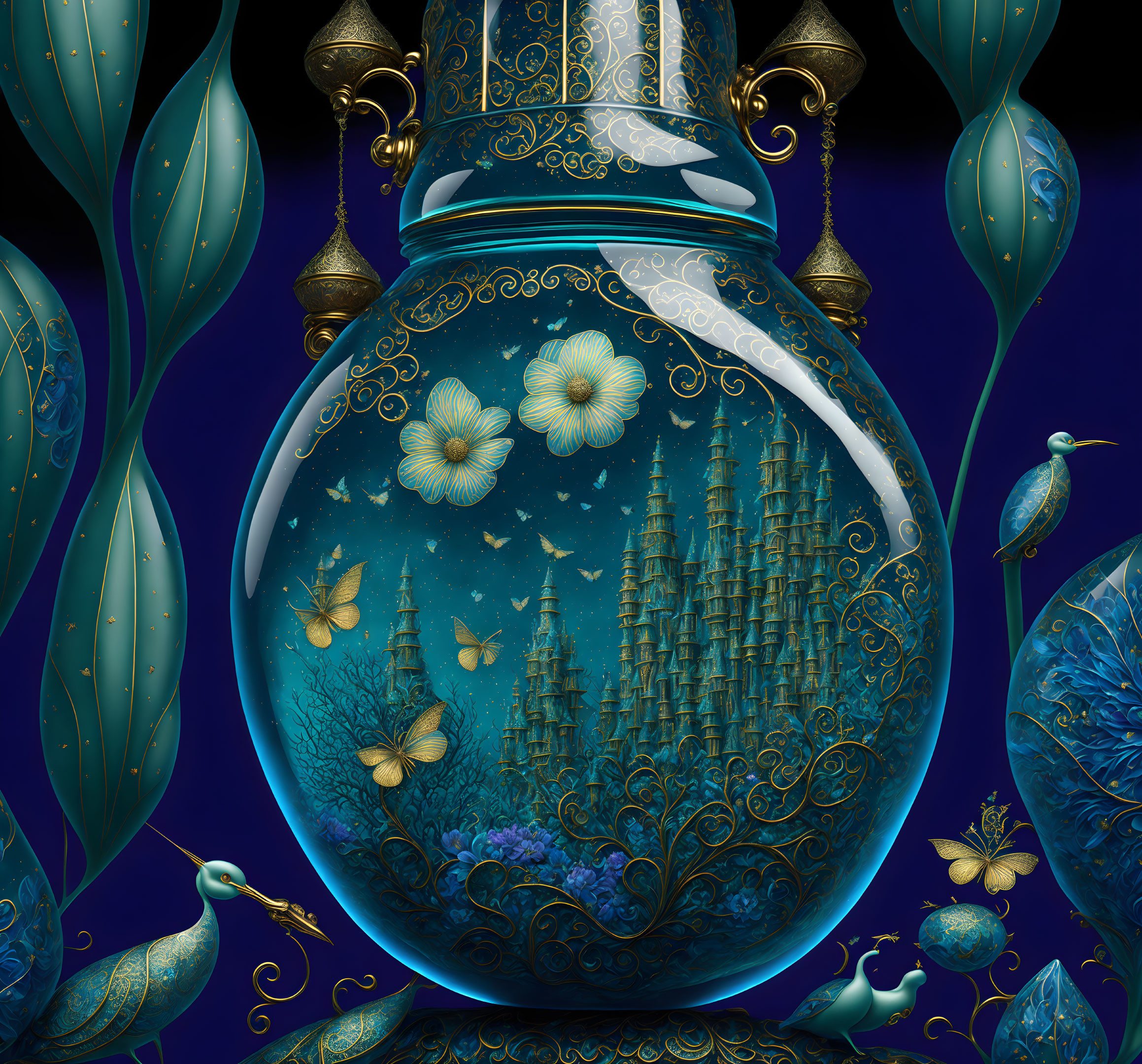 Fantastical image: Ornate vial, aquatic cityscape, foliage, peacocks -