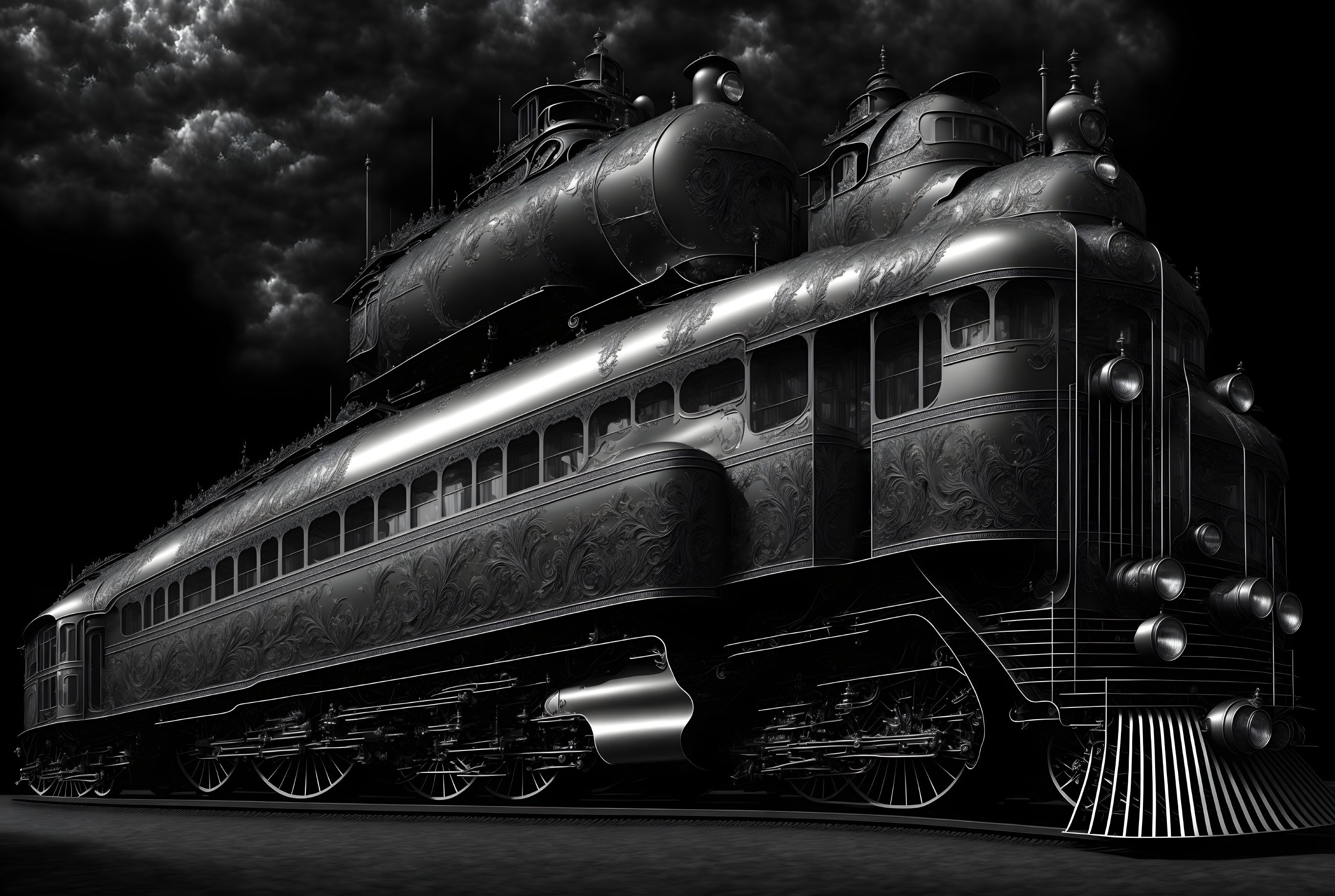 Vintage train with ornate detailing against dramatic sky.