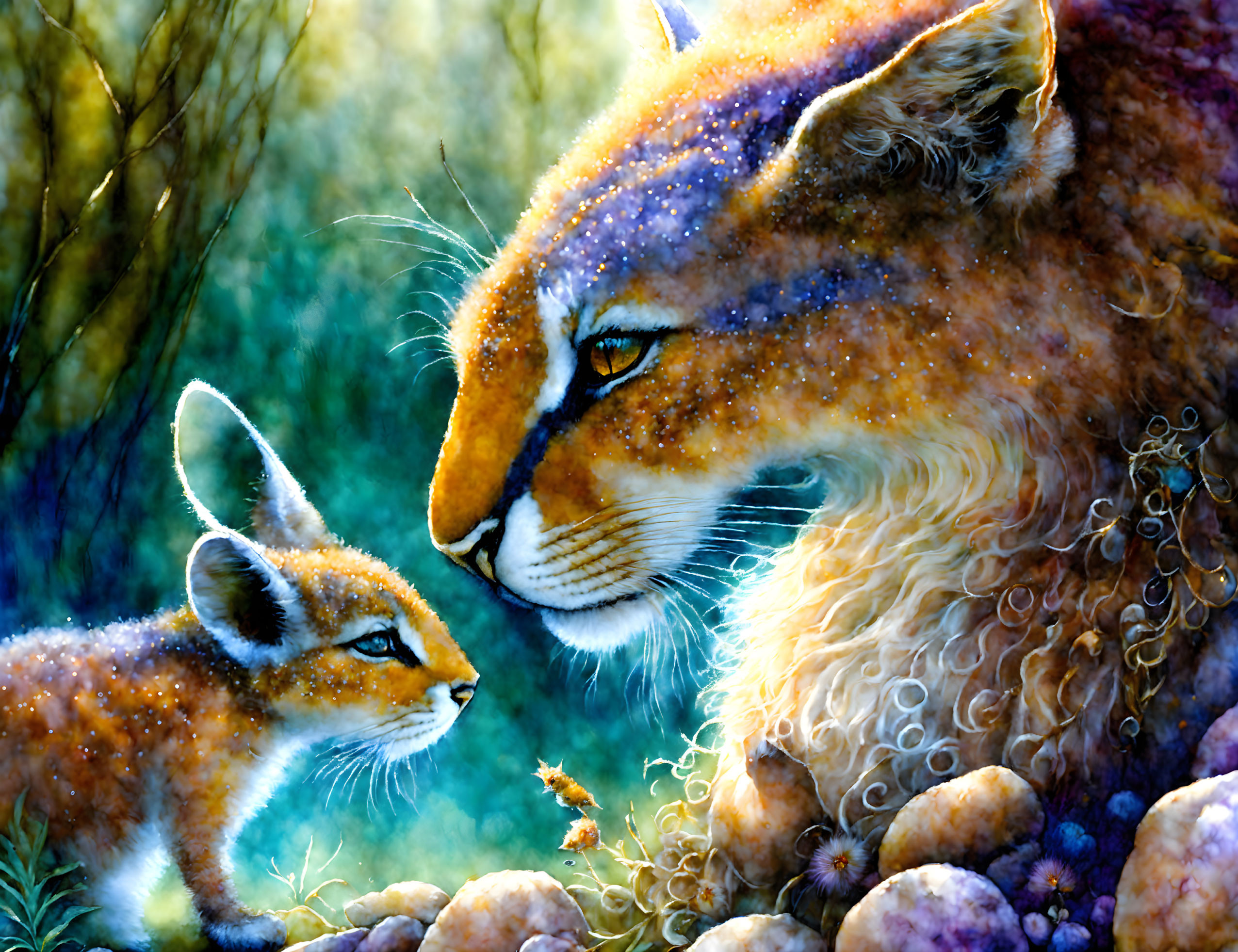 Colorful painting of adult fox and cub in magical foliage