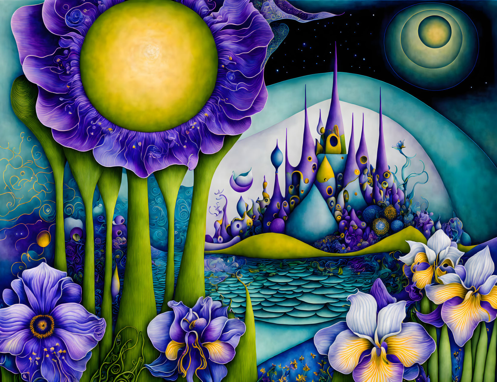 Colorful fantasy landscape with towering flower structures, sun, moon, and irises.