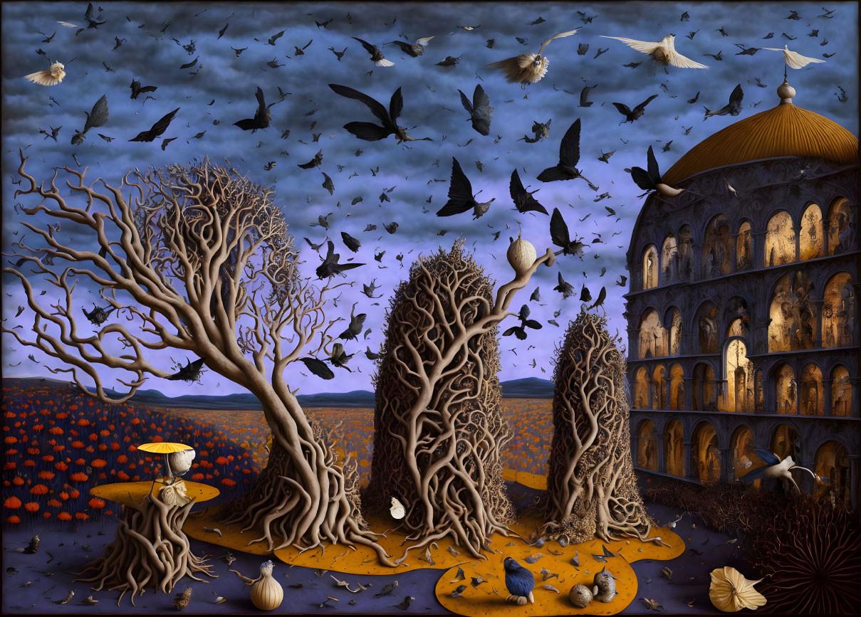 Barren trees, birds, mushrooms, hive-like building in surreal landscape