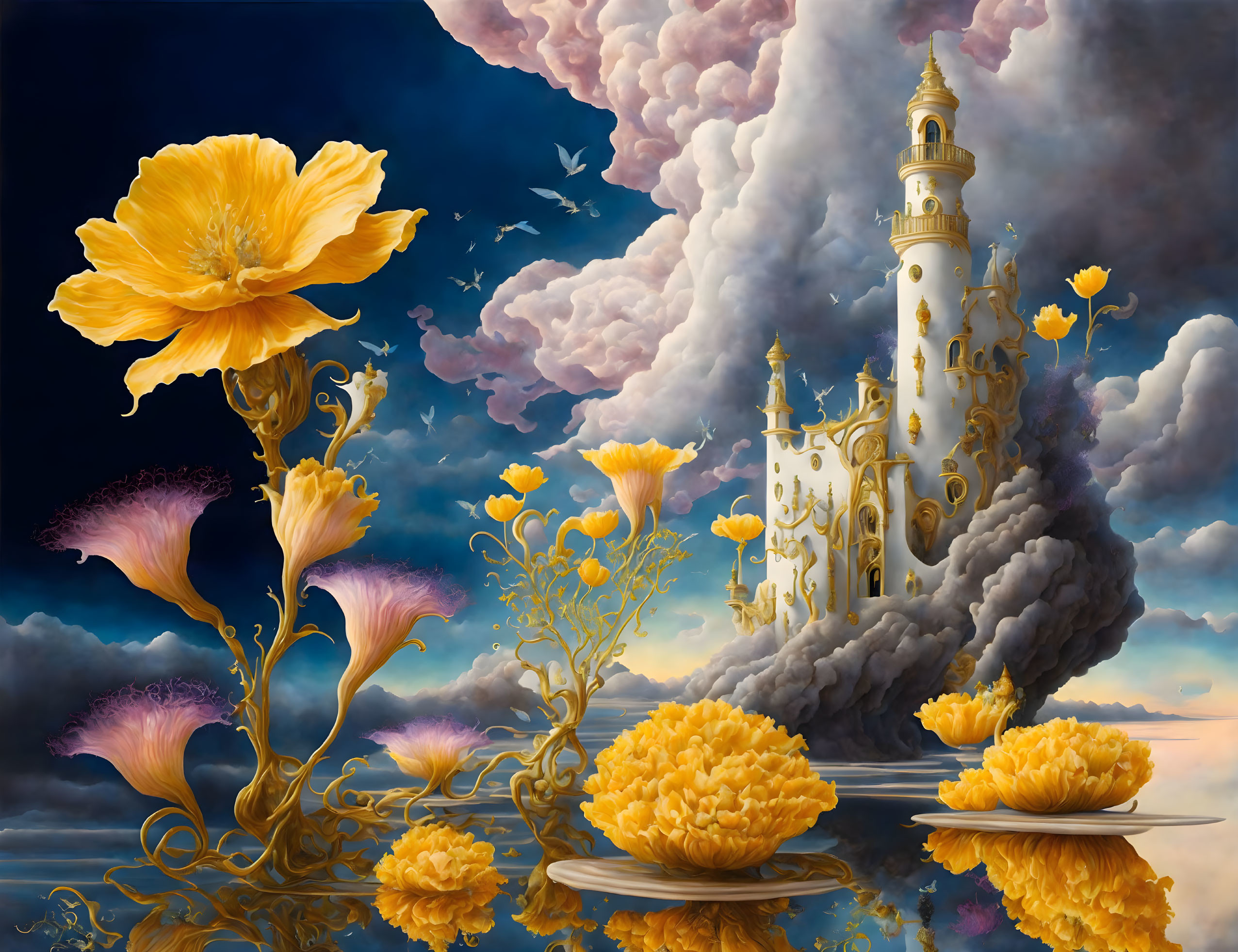 Vibrant orange flowers and coral-like structures in surreal painting.