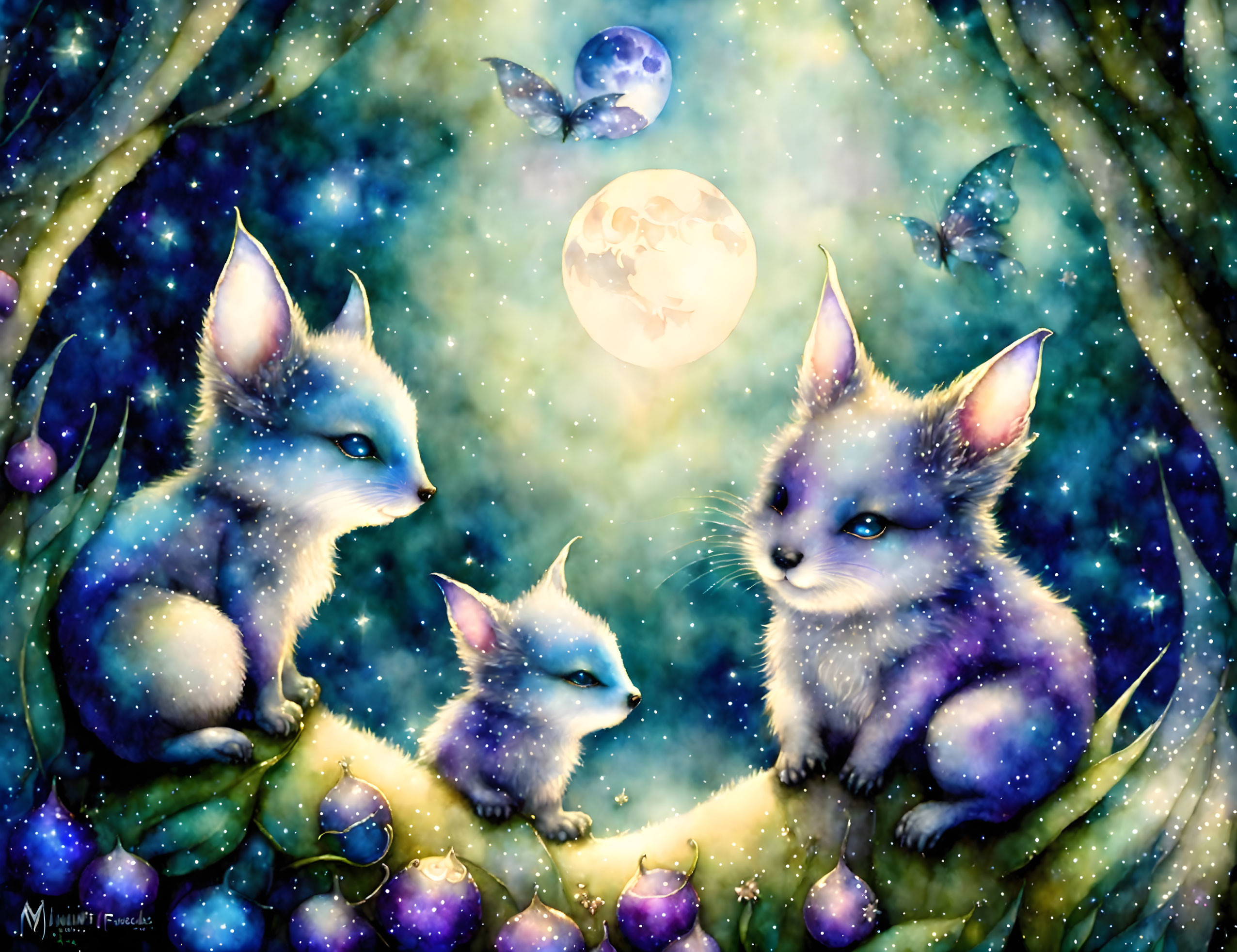 Starry fur mystical fox-like creatures in magical forest