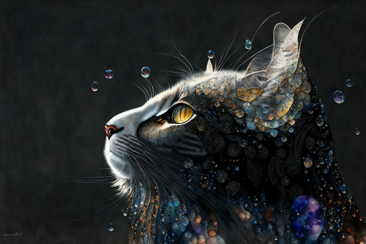 Cosmic-themed surreal cat illustration with stars and planets