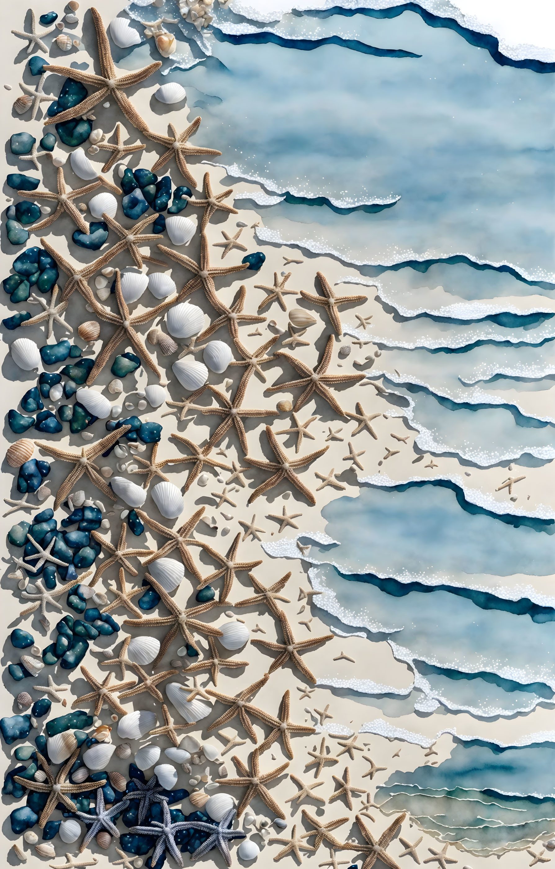 Sandy Beach Scene with Starfish, Seashells, and Pebbles by Blue Ocean