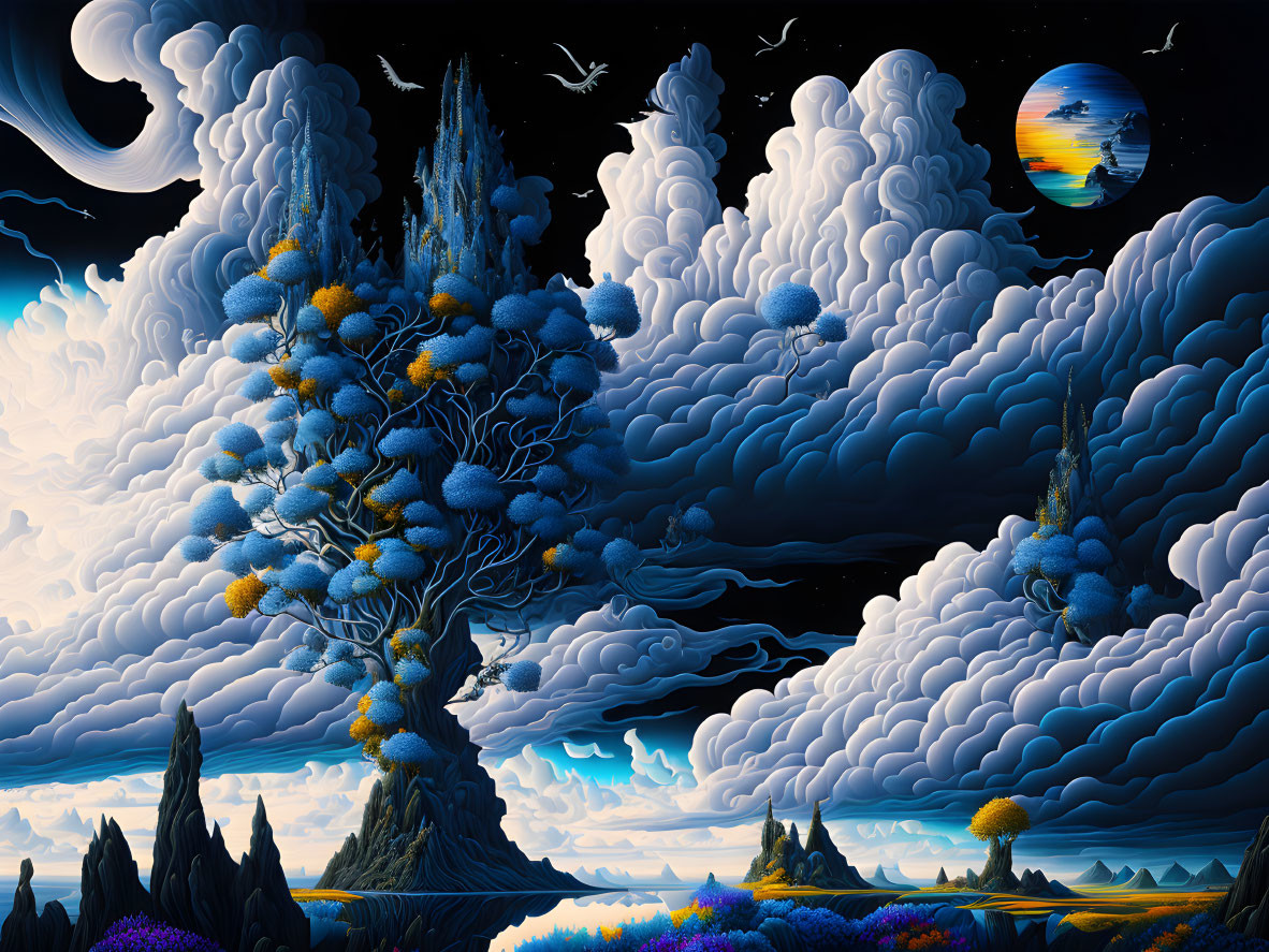 Surreal landscape with blue tree, whimsical clouds, rocky spires, distant planets