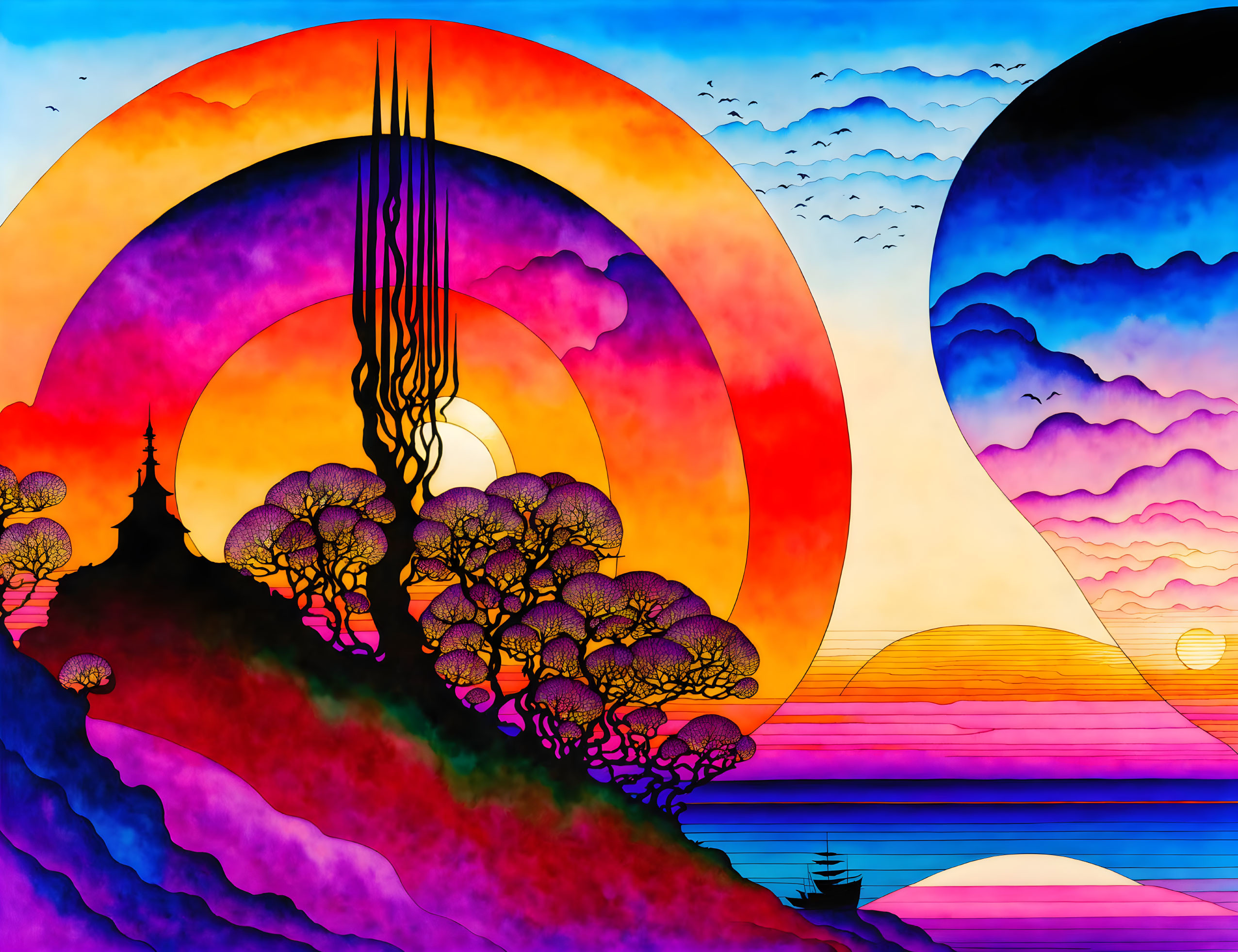 Colorful Asian-inspired landscape with large sun and mountains