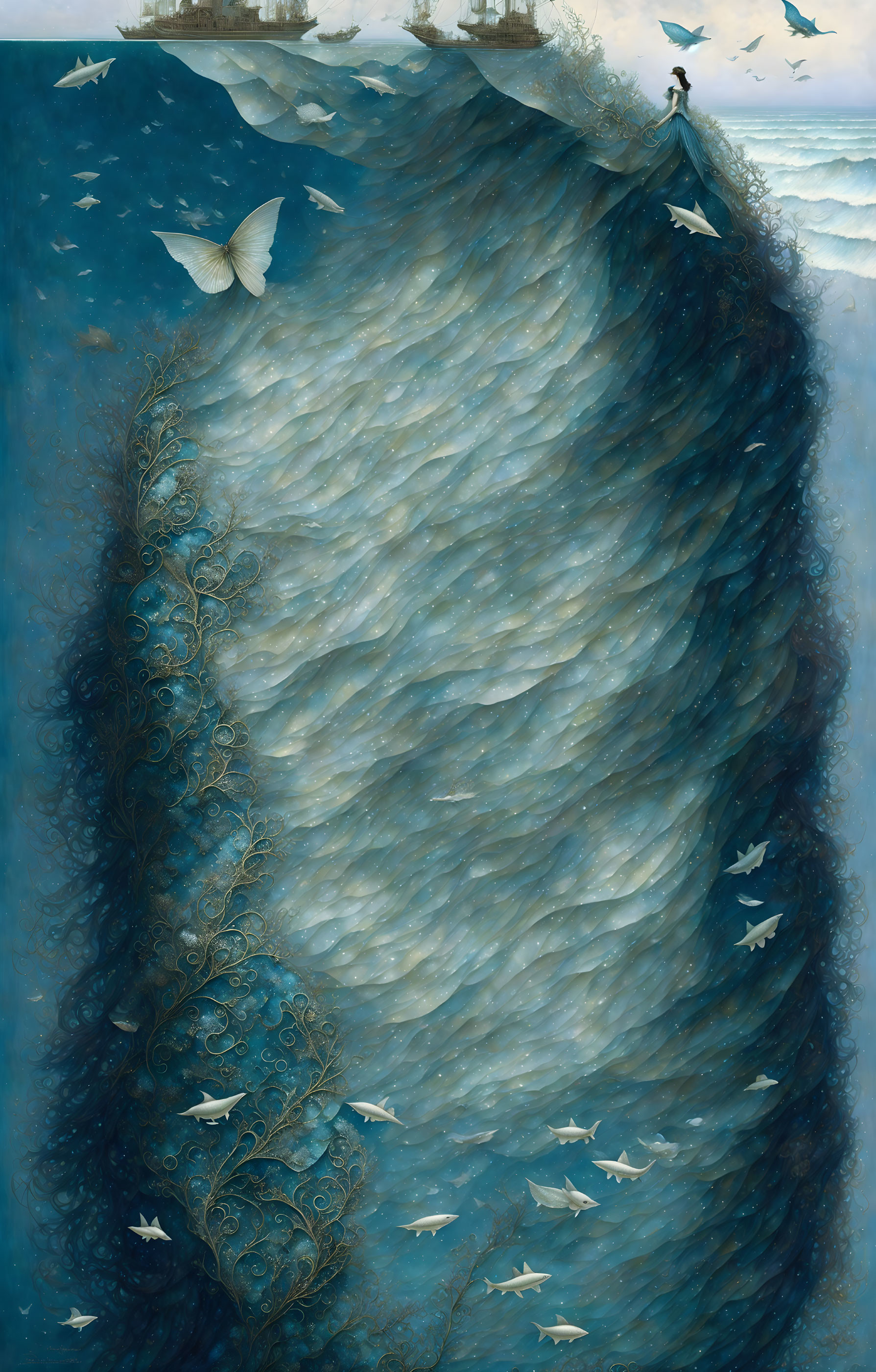 Ethereal painting: Person on cliff above swirling sea, filigree, butterflies