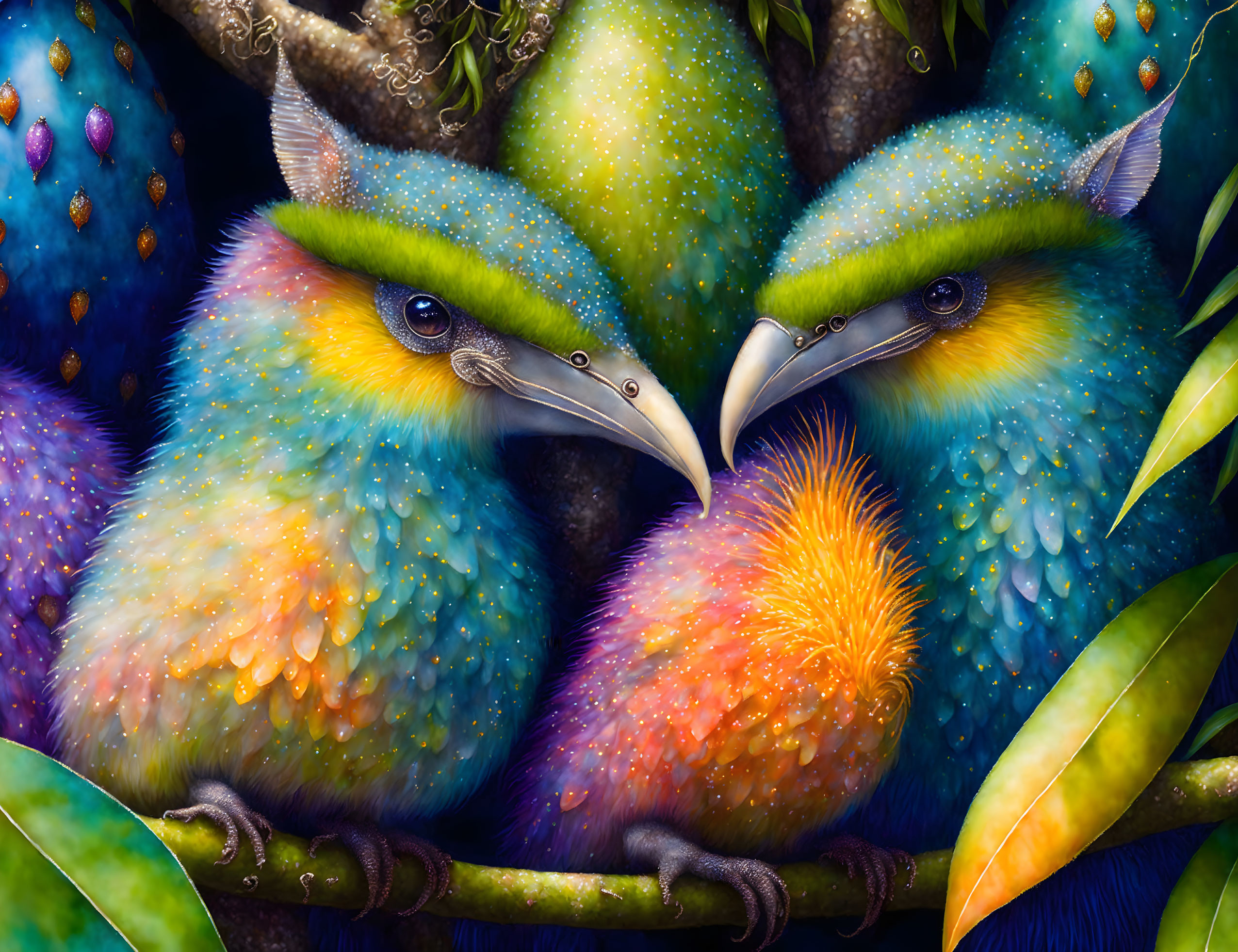 Colorful Fantasy Birds Cuddled in Lush Greenery