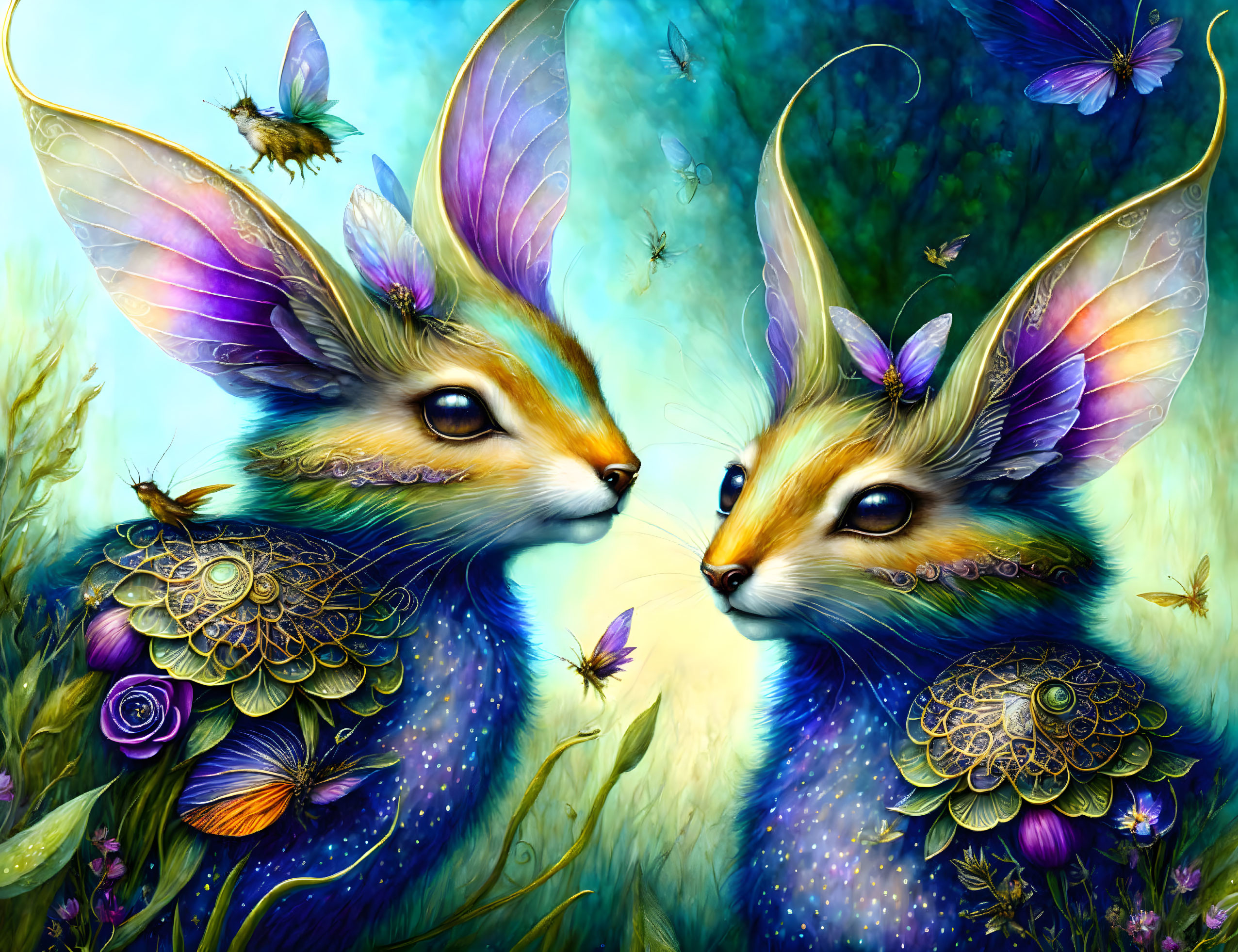 Whimsical rabbit-like creatures with butterfly wings in colorful, fantastical scene