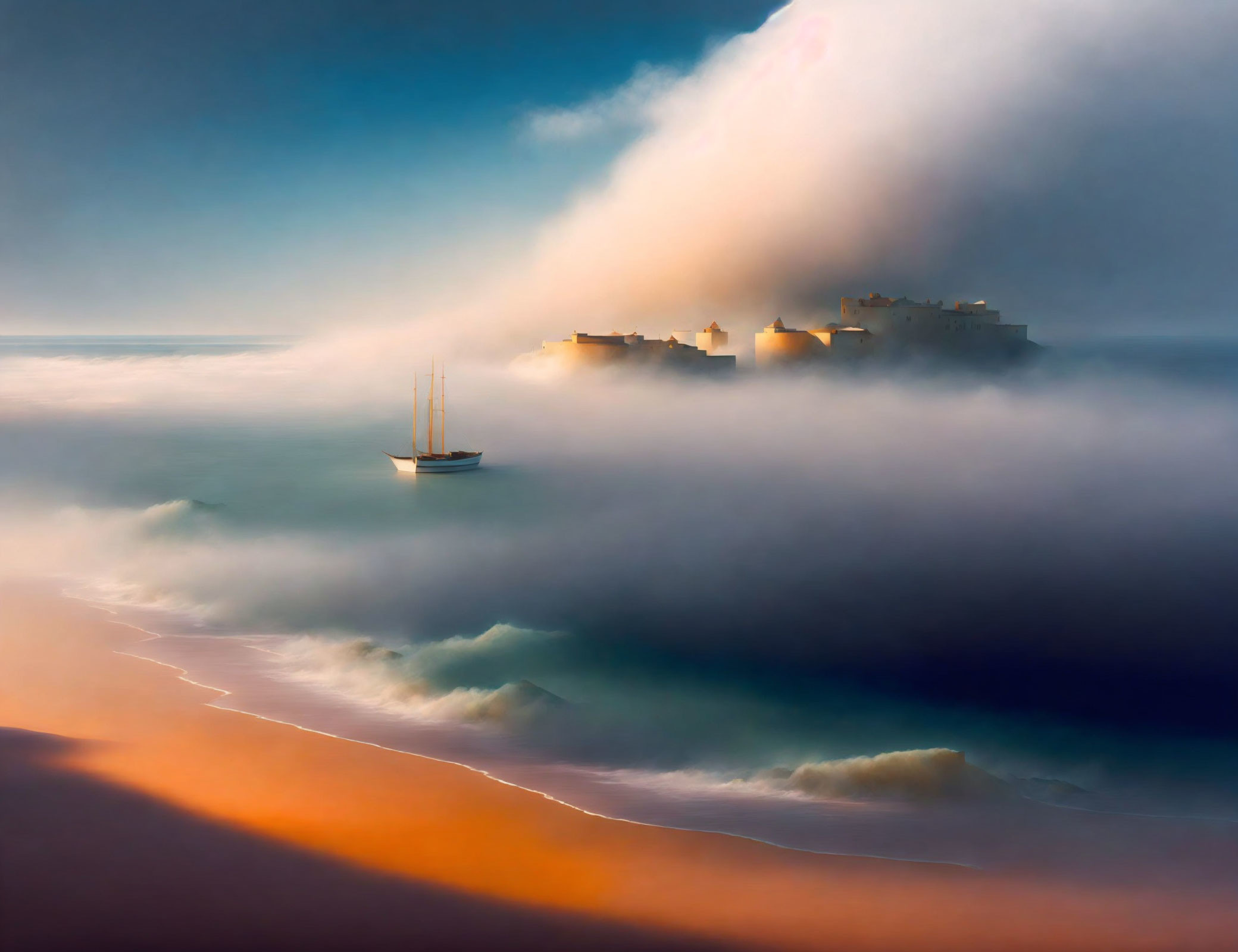 Tranquil sailboat scene near foggy coastline