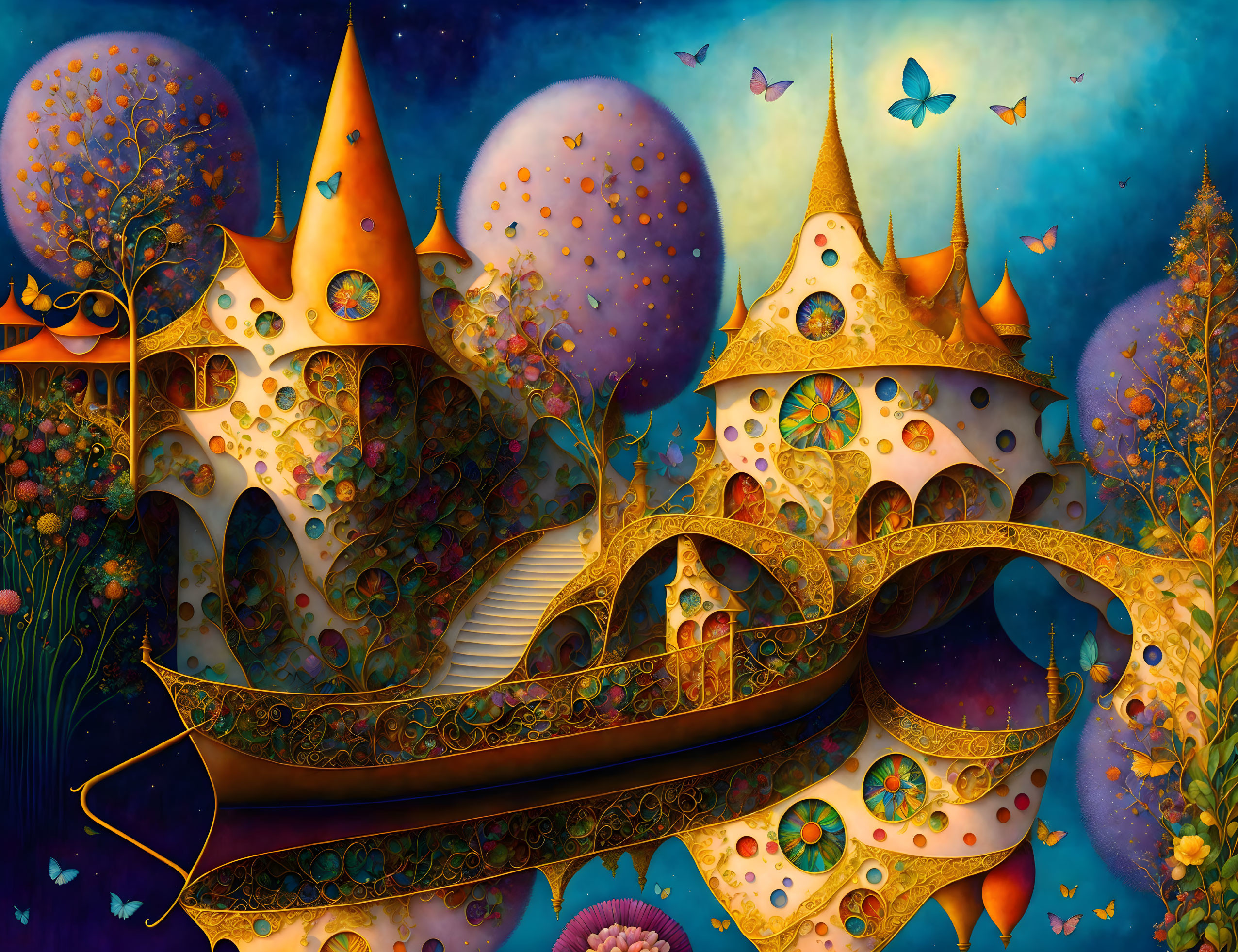 Golden castles, gondola, butterflies in a celestial setting