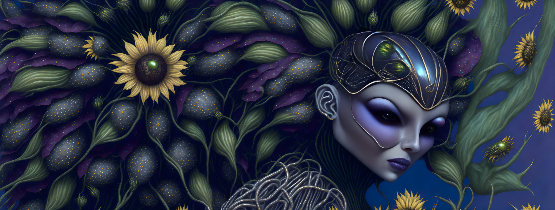 Purple-skinned female figure with futuristic helmet among sunflowers and foliage