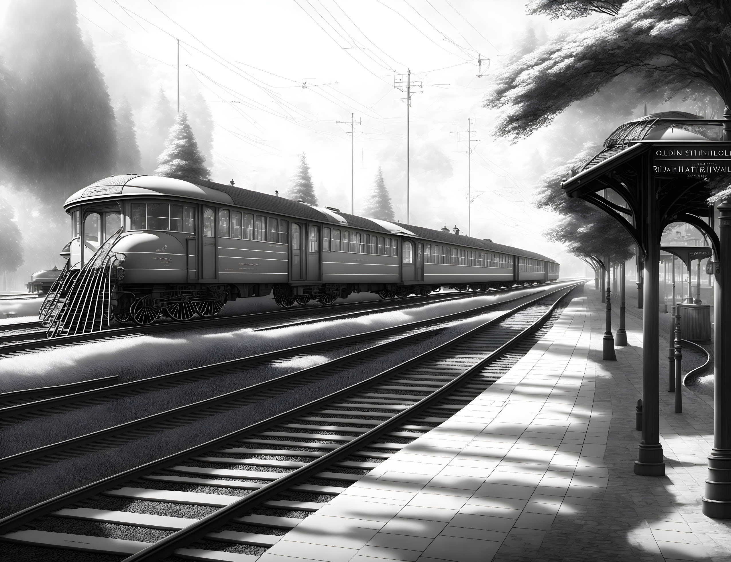 Vintage train station scene with classic train, overhead lines, and foggy ambiance.