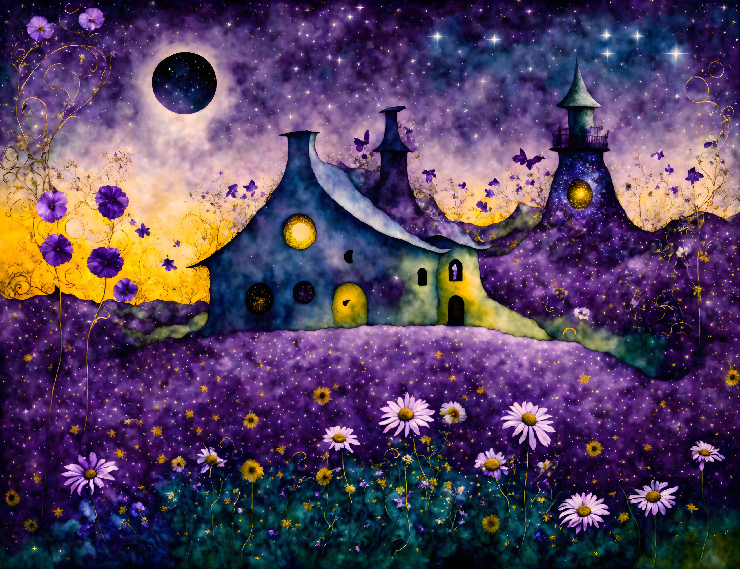 Fantasy house painting with cone-shaped roofs under purple night sky