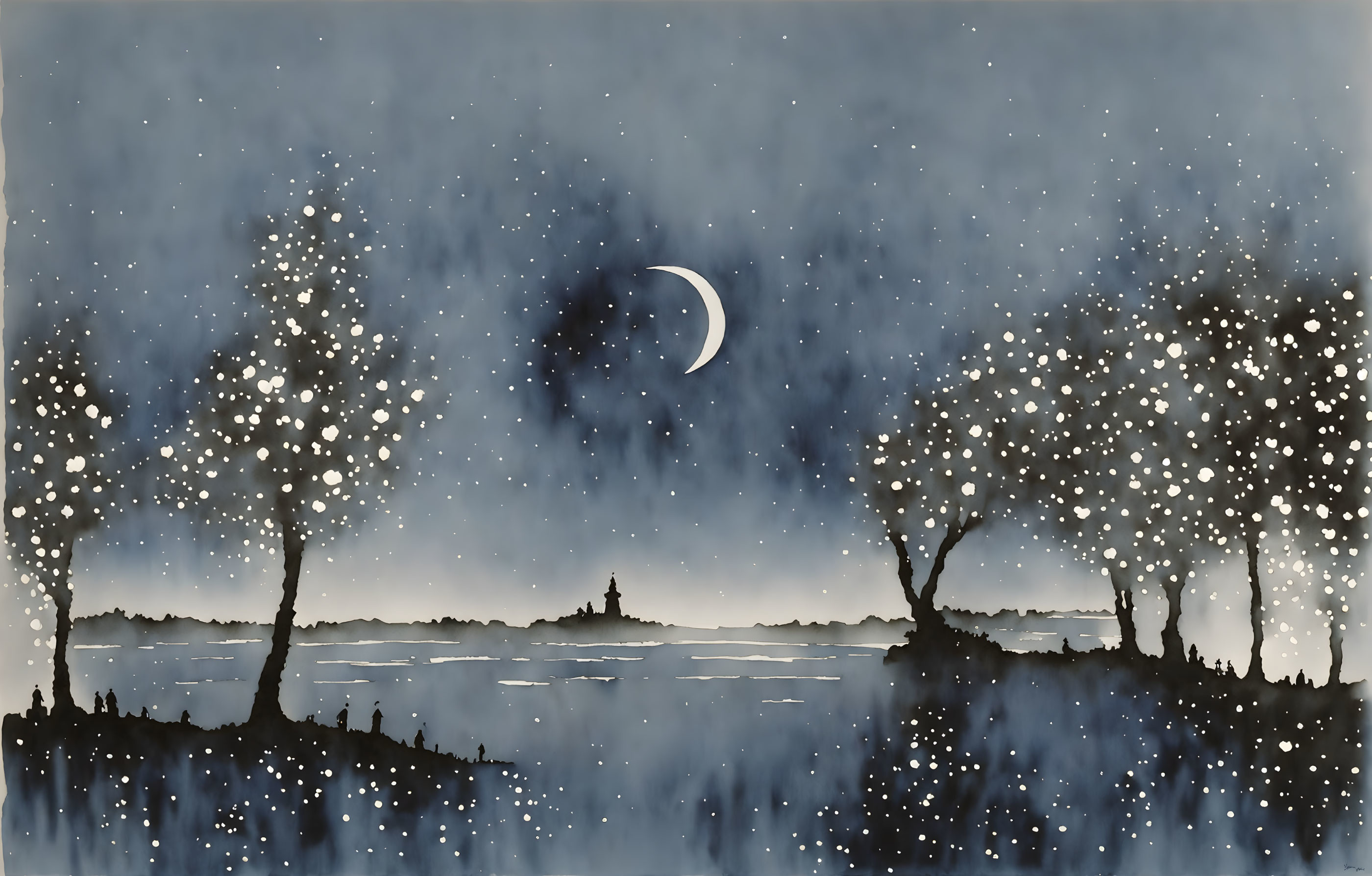 Tranquil nightscape with crescent moon and silhouetted trees