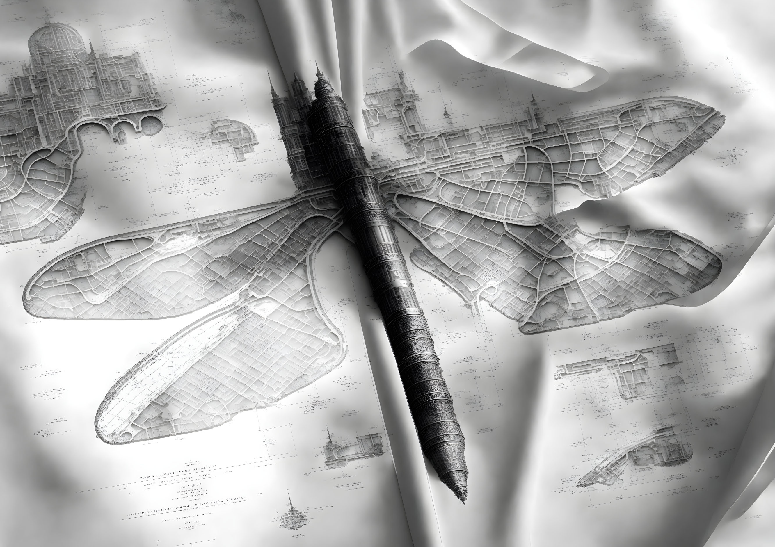 Monochrome dragonfly on blueprints with architectural designs