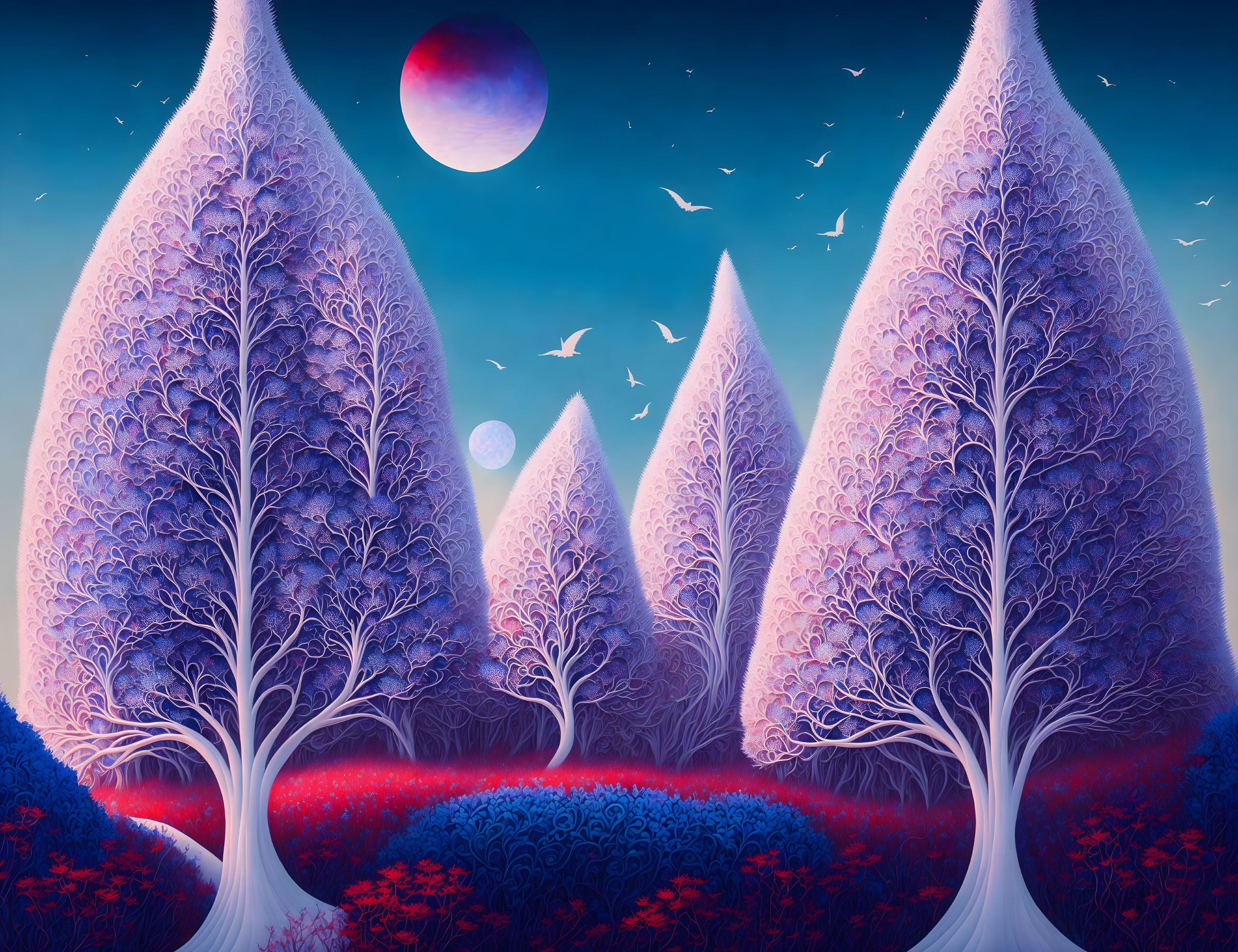 Surreal landscape: purple trees, night sky, moons, flying birds