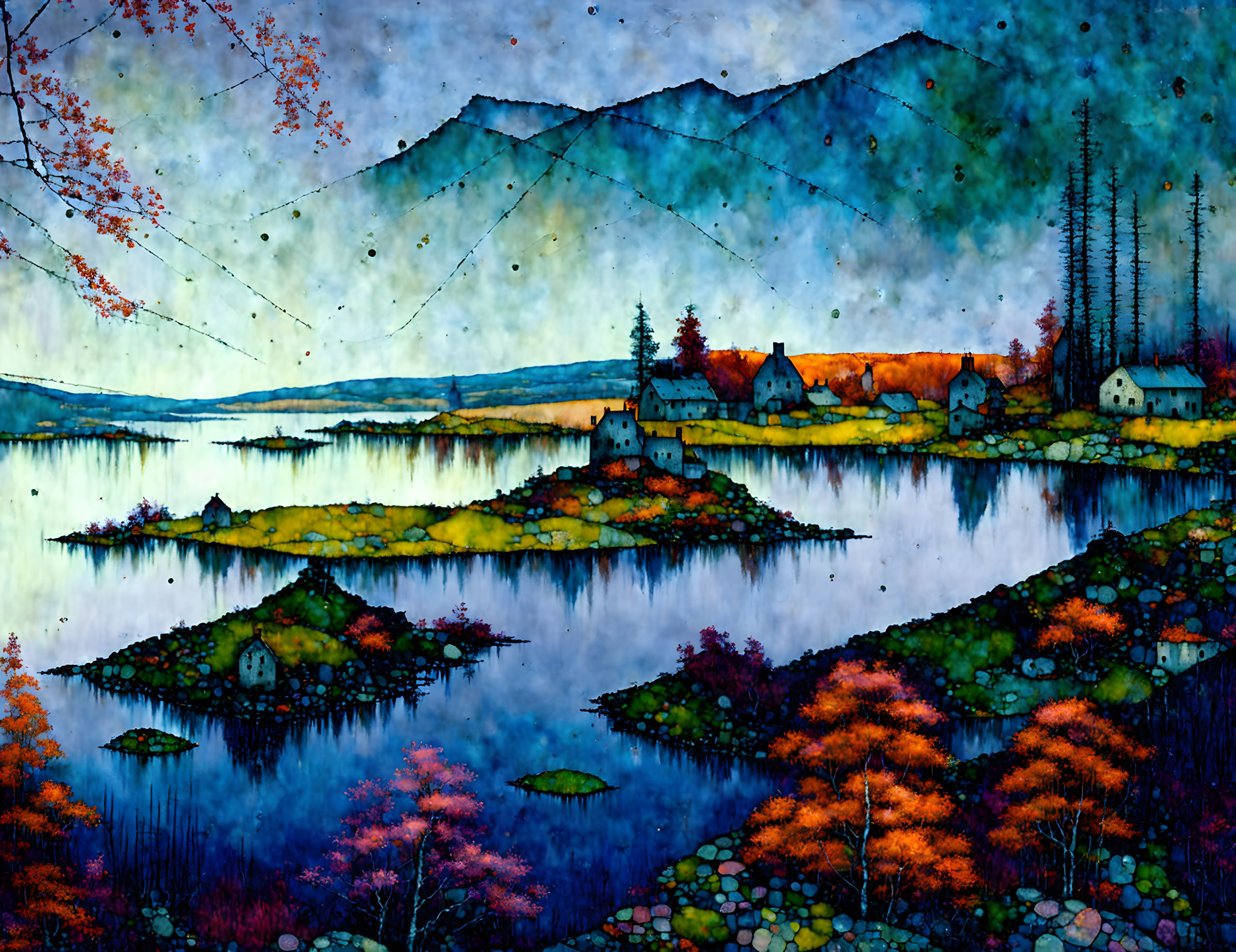 Colorful painting of lakeside village with mountains and twilight sky