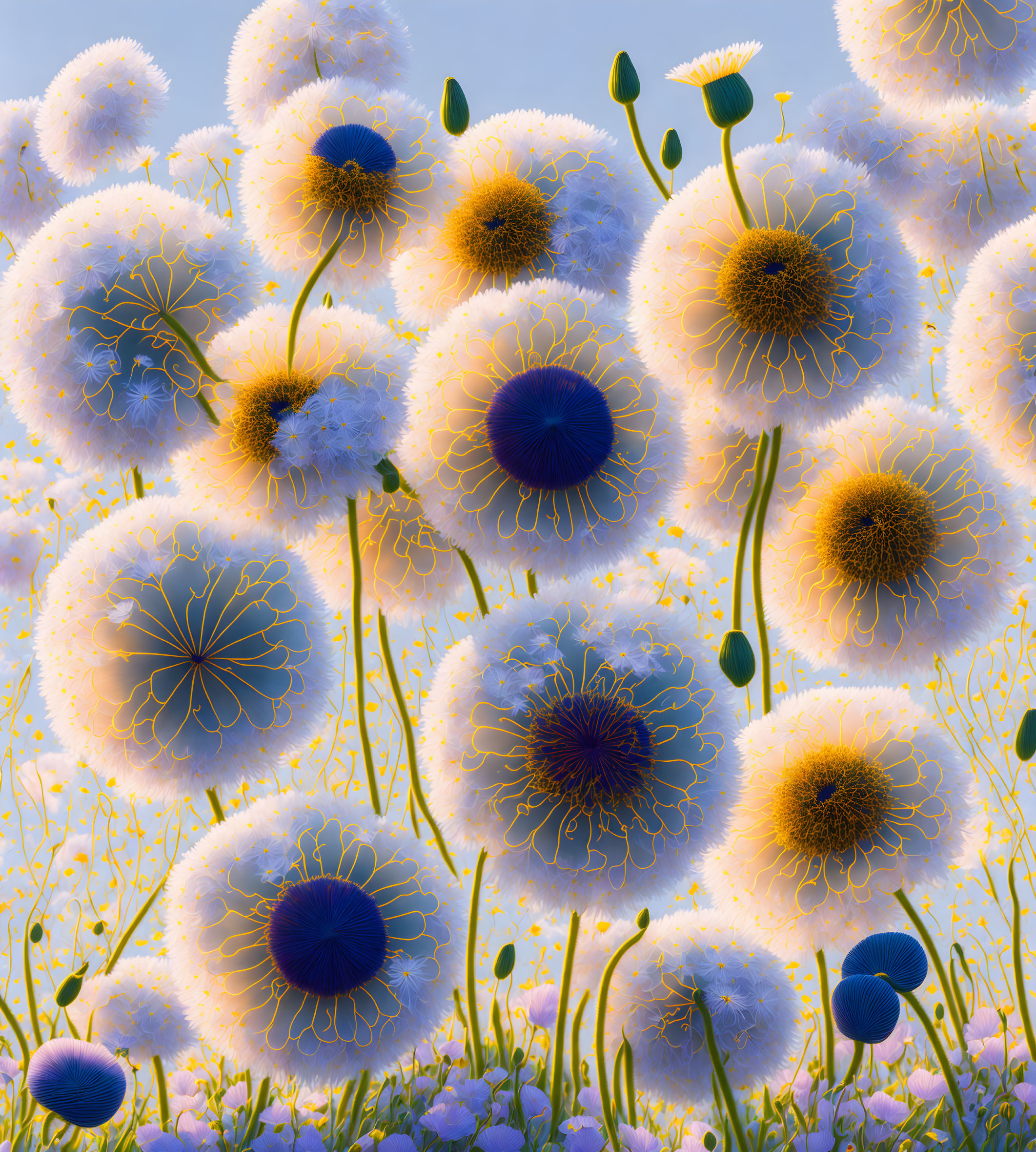 Stylized dandelions with blue and yellow centers on soft-focus background