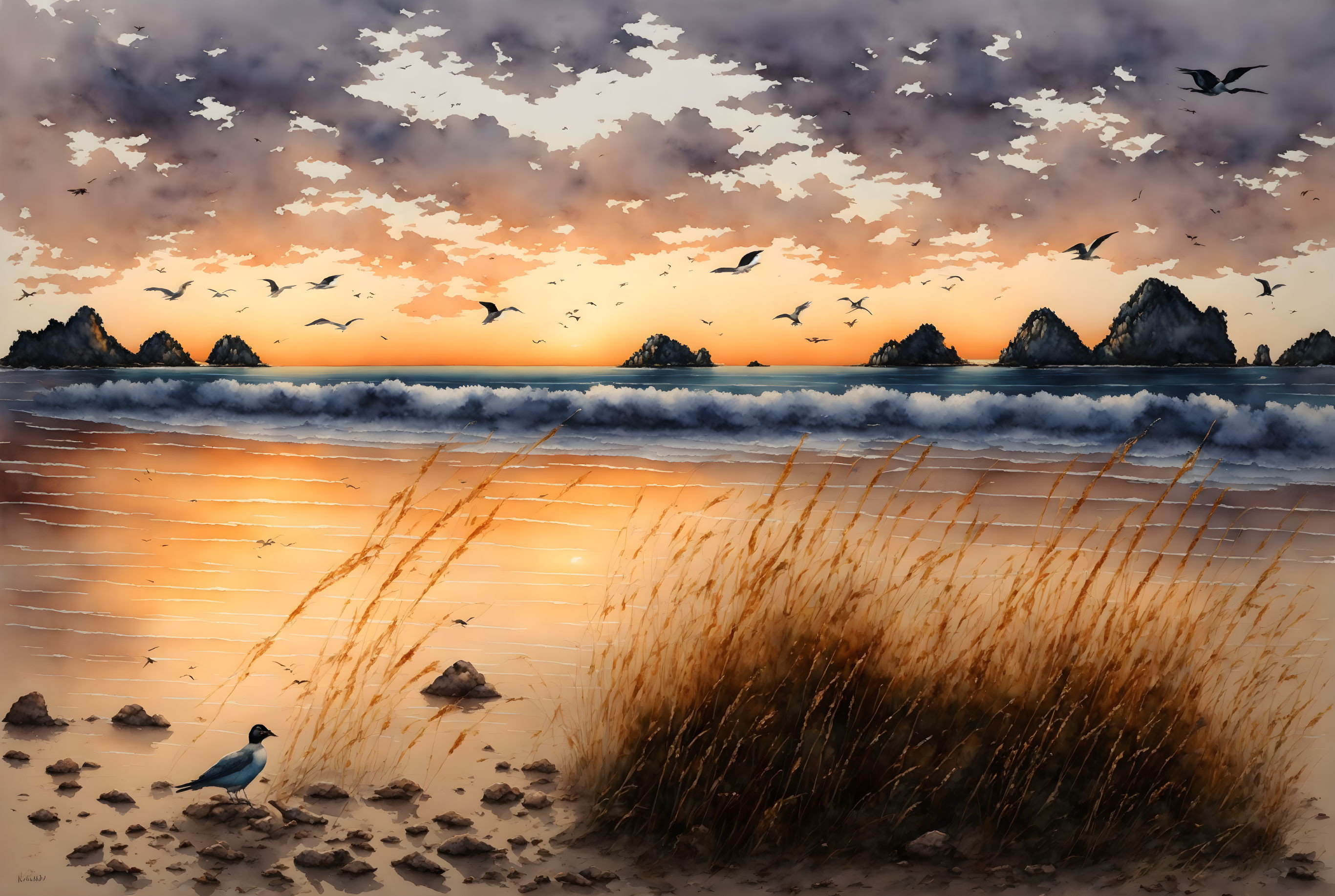 Tranquil sunset beach scene with silhouetted birds, calm sea, rocks, and se