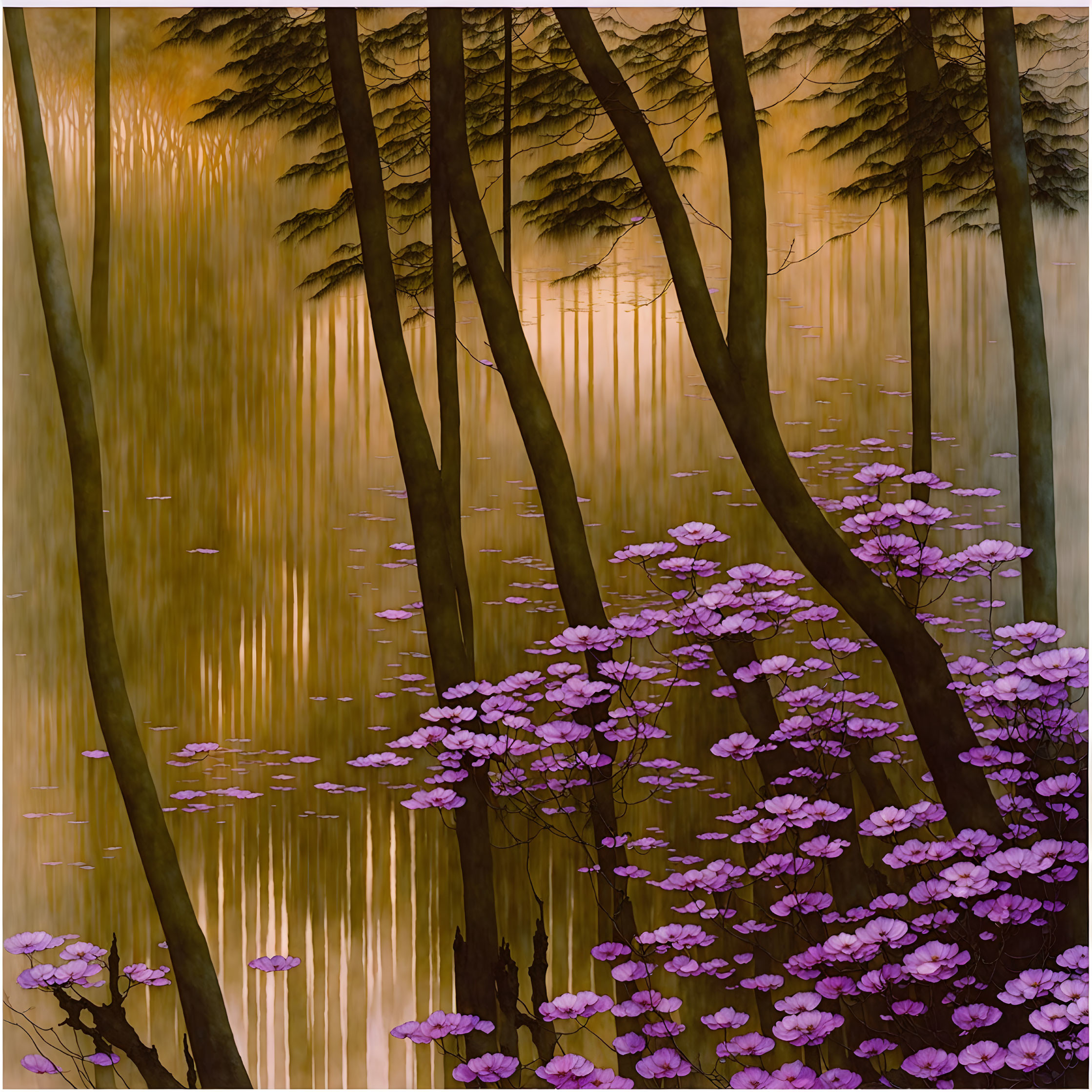 Tranquil forest scene with slender trees and pink flowers