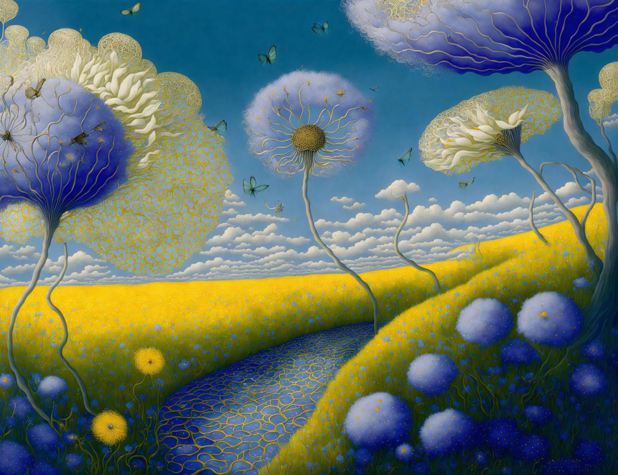 Surreal landscape featuring oversized flowers, patterned river, bees, and blue sky.