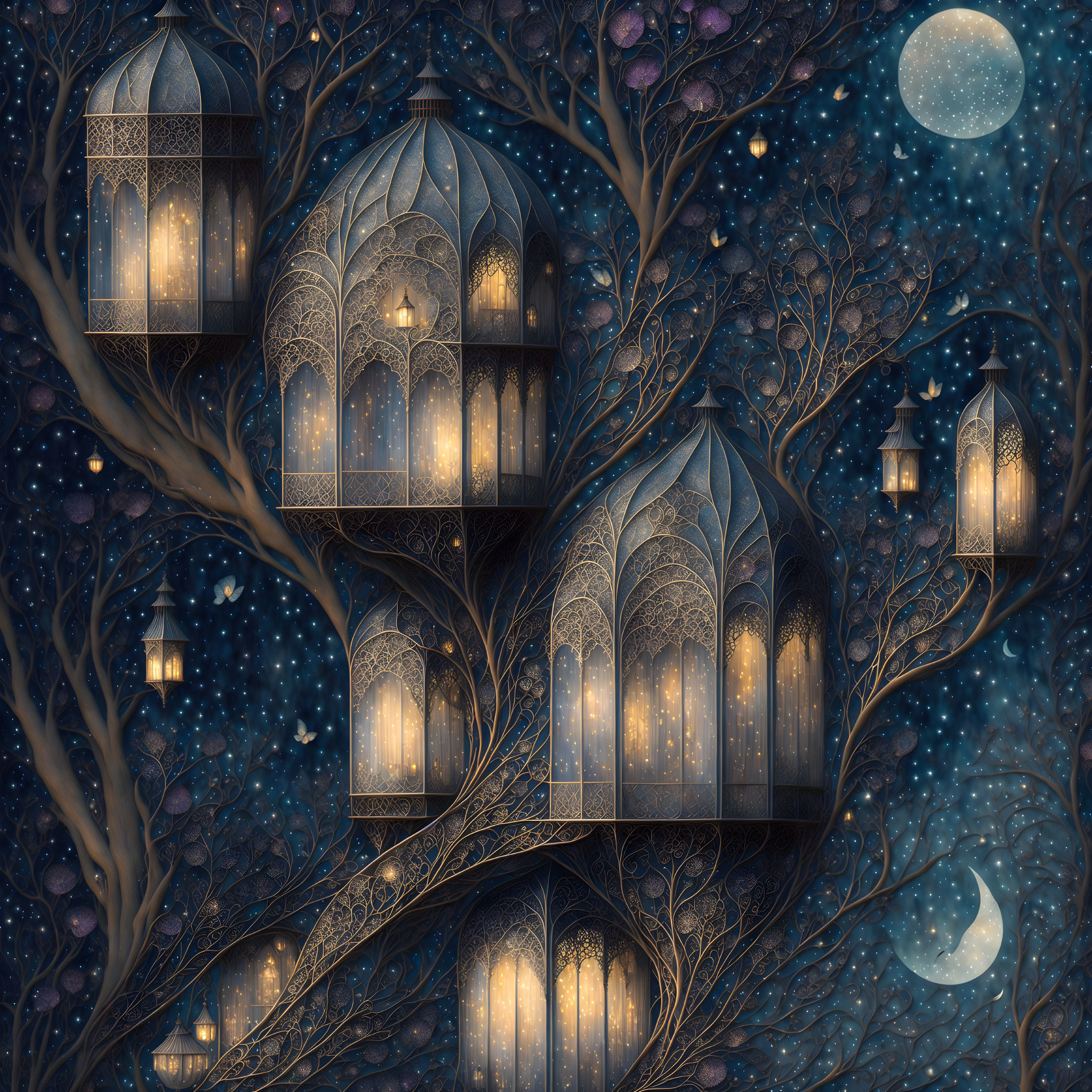 Mystical tree with ornate lanterns under starry sky