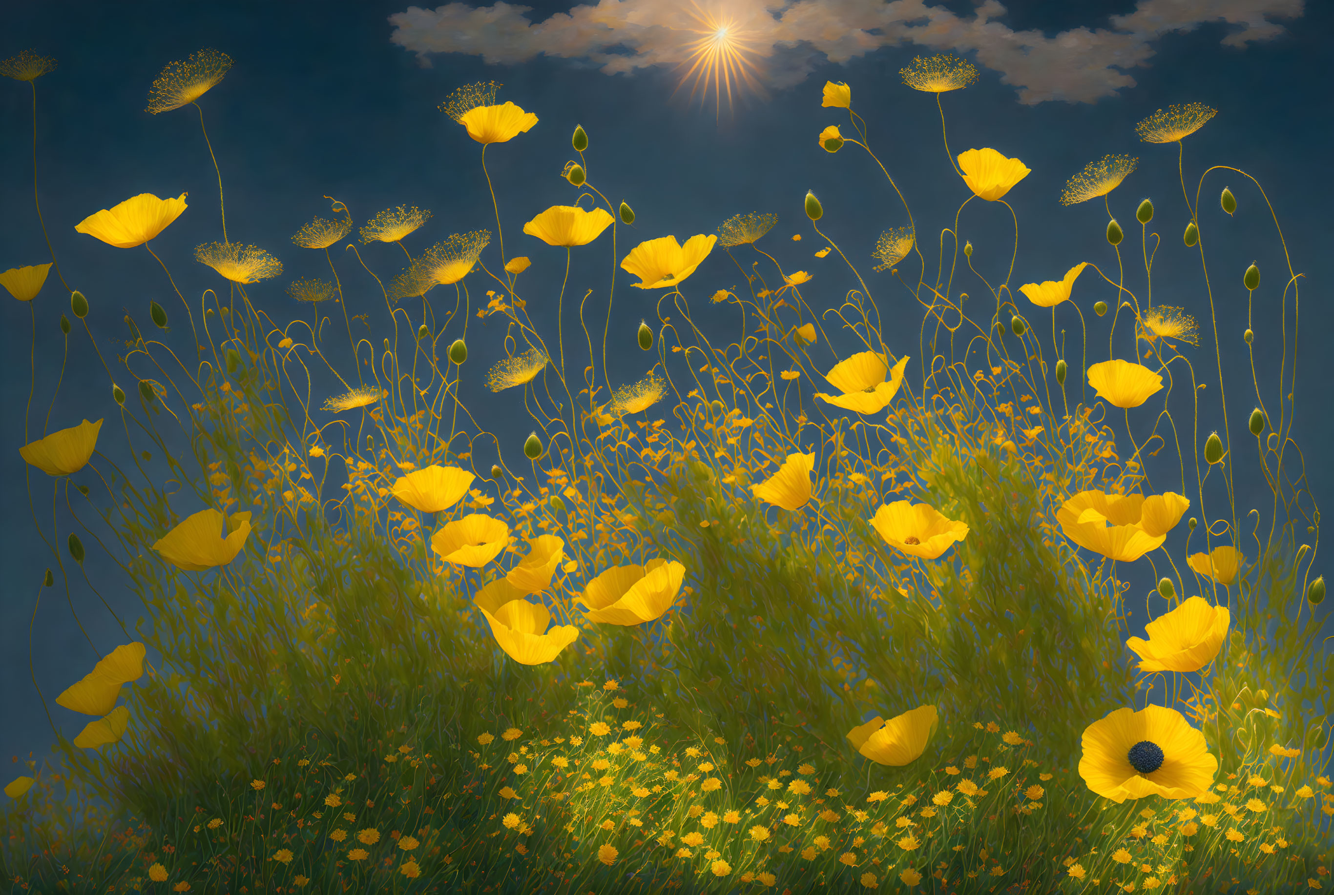 Field of Yellow Poppies Under Blue Sky with Sun Glow