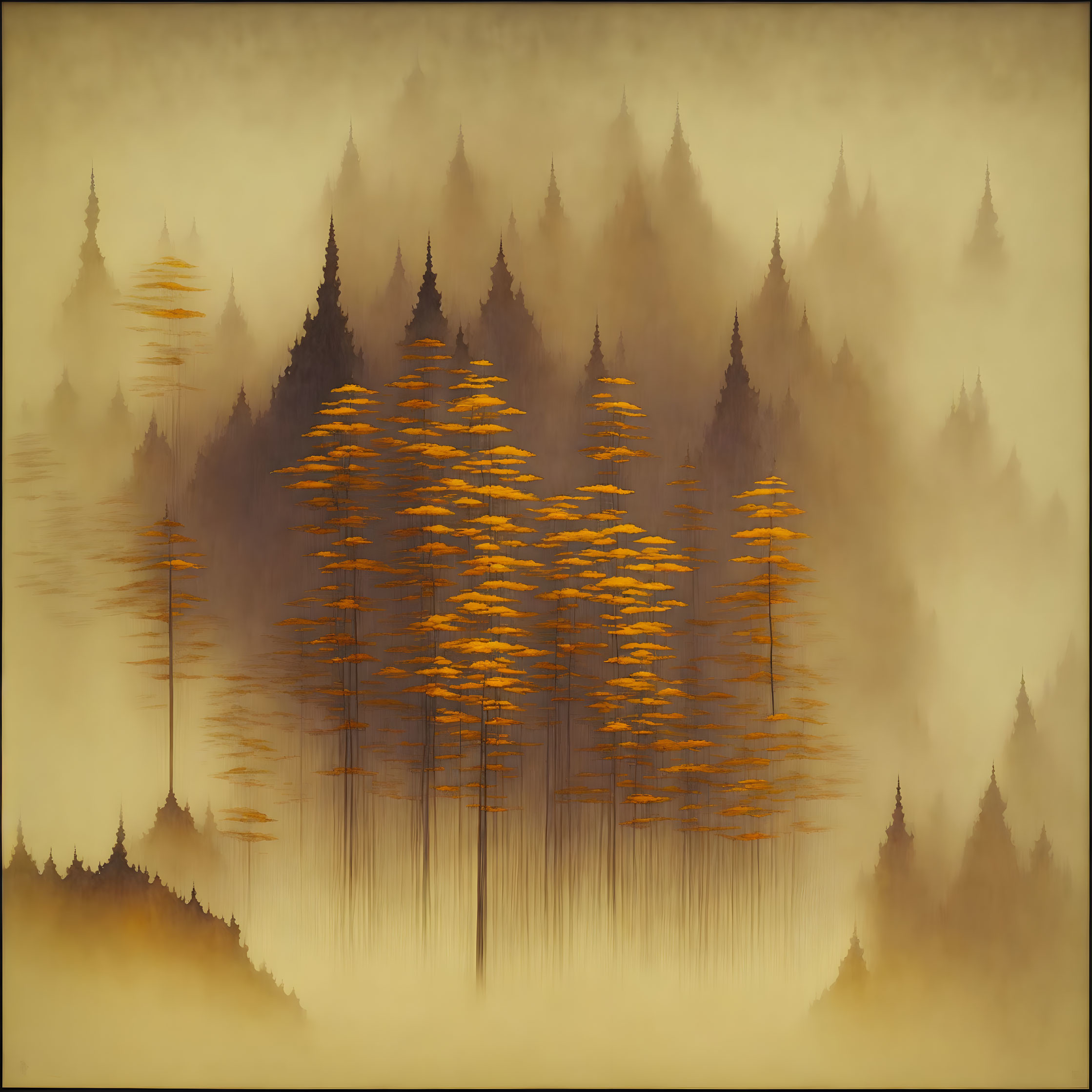 Tranquil misty forest scene with golden-leaved trees