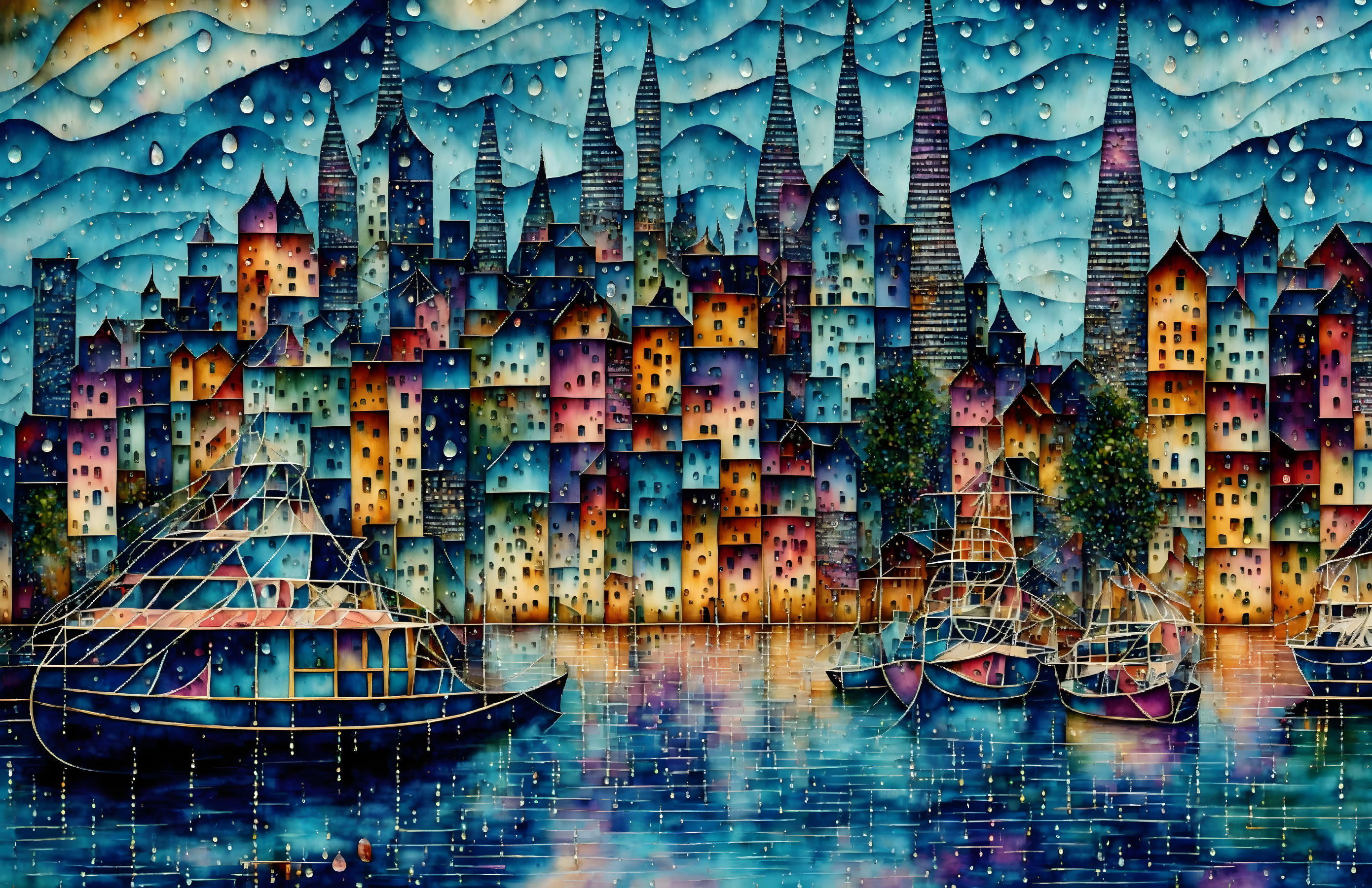 Vibrant waterside town painting with stylized buildings and swirling sky