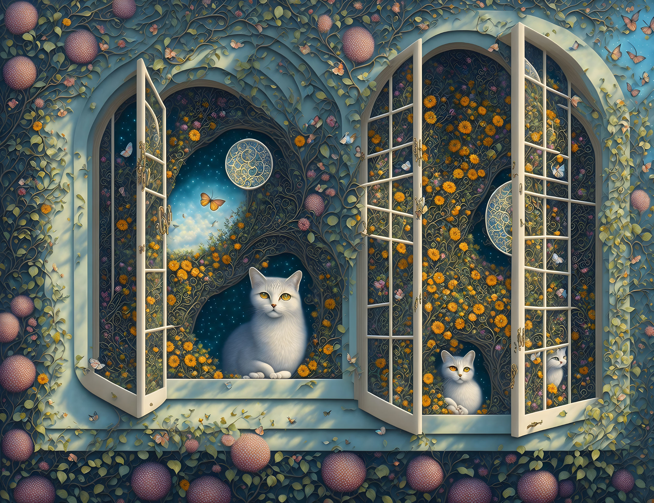 Two cats in ornate window sills with cosmic floral background