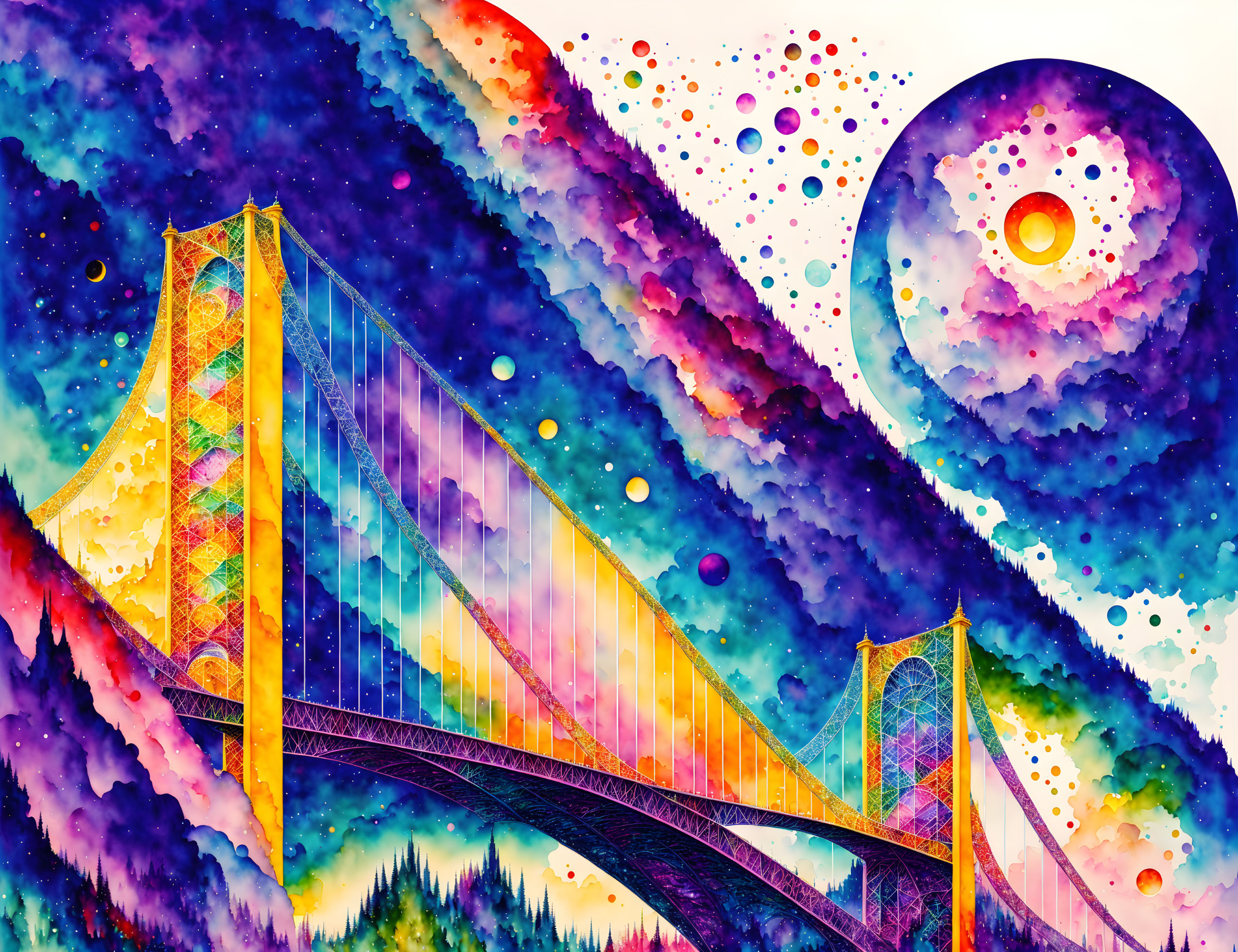 Colorful Psychedelic Suspension Bridge Illustration with Swirling Sky and Decorative Moon