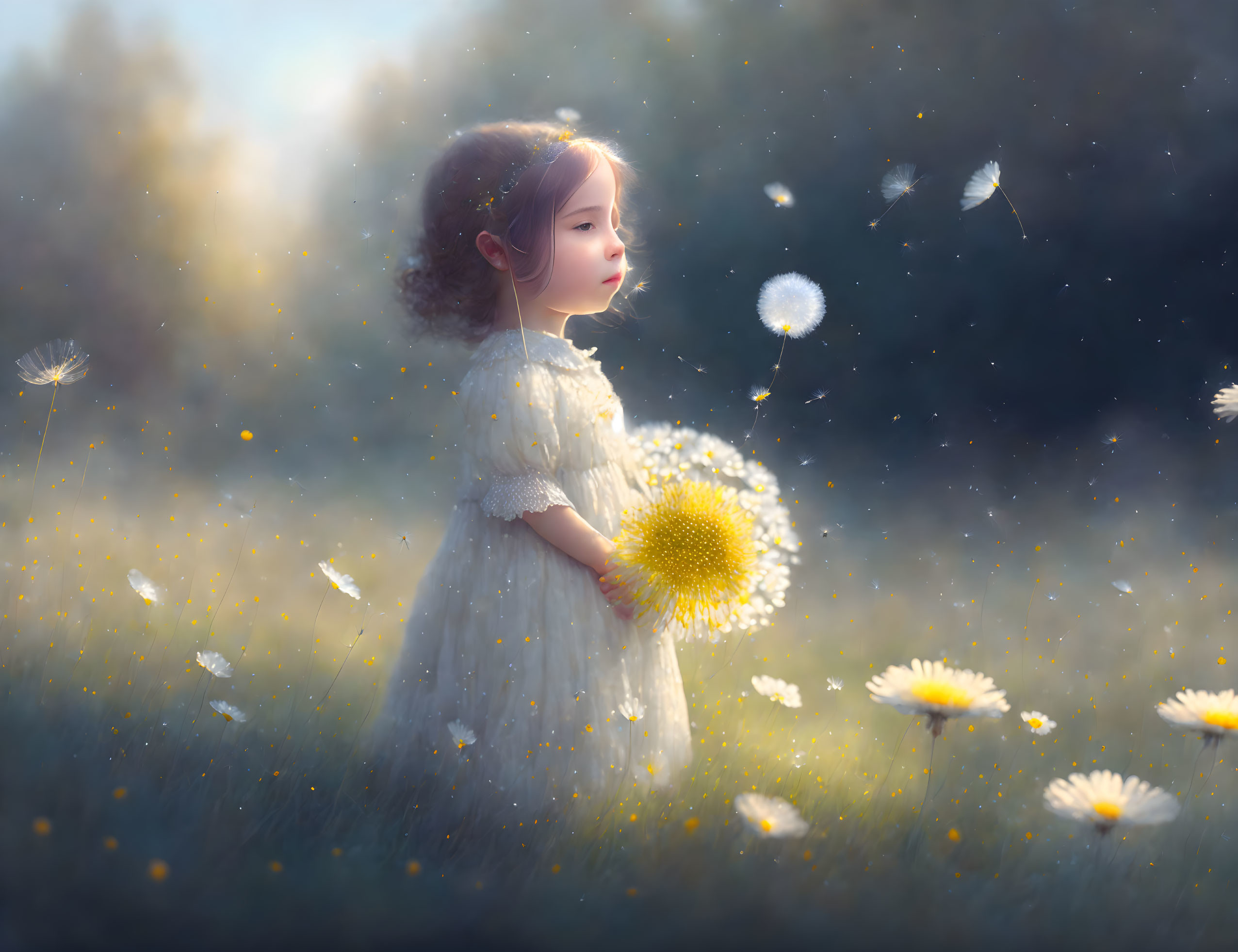 Young girl in white dress holding dandelion in dreamy meadow