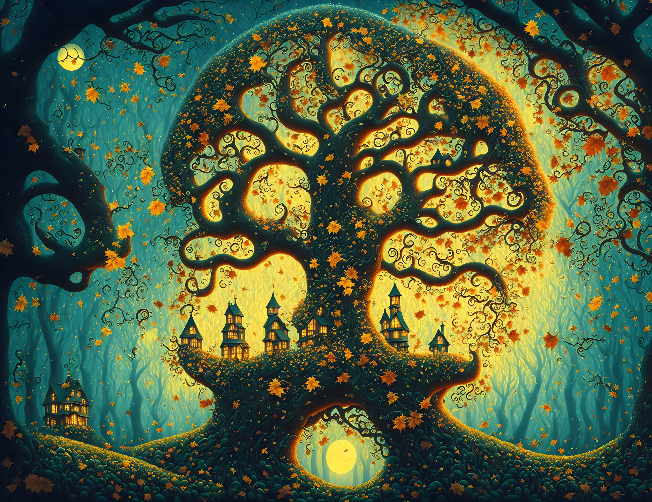 Illustration of whimsical tree, houses, moon, mystical forest, starry sky