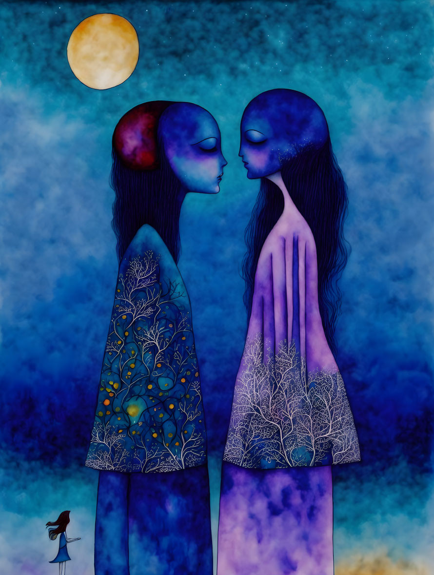 Stylized Blue Figures in Patterned Clothing Under Yellow Moon