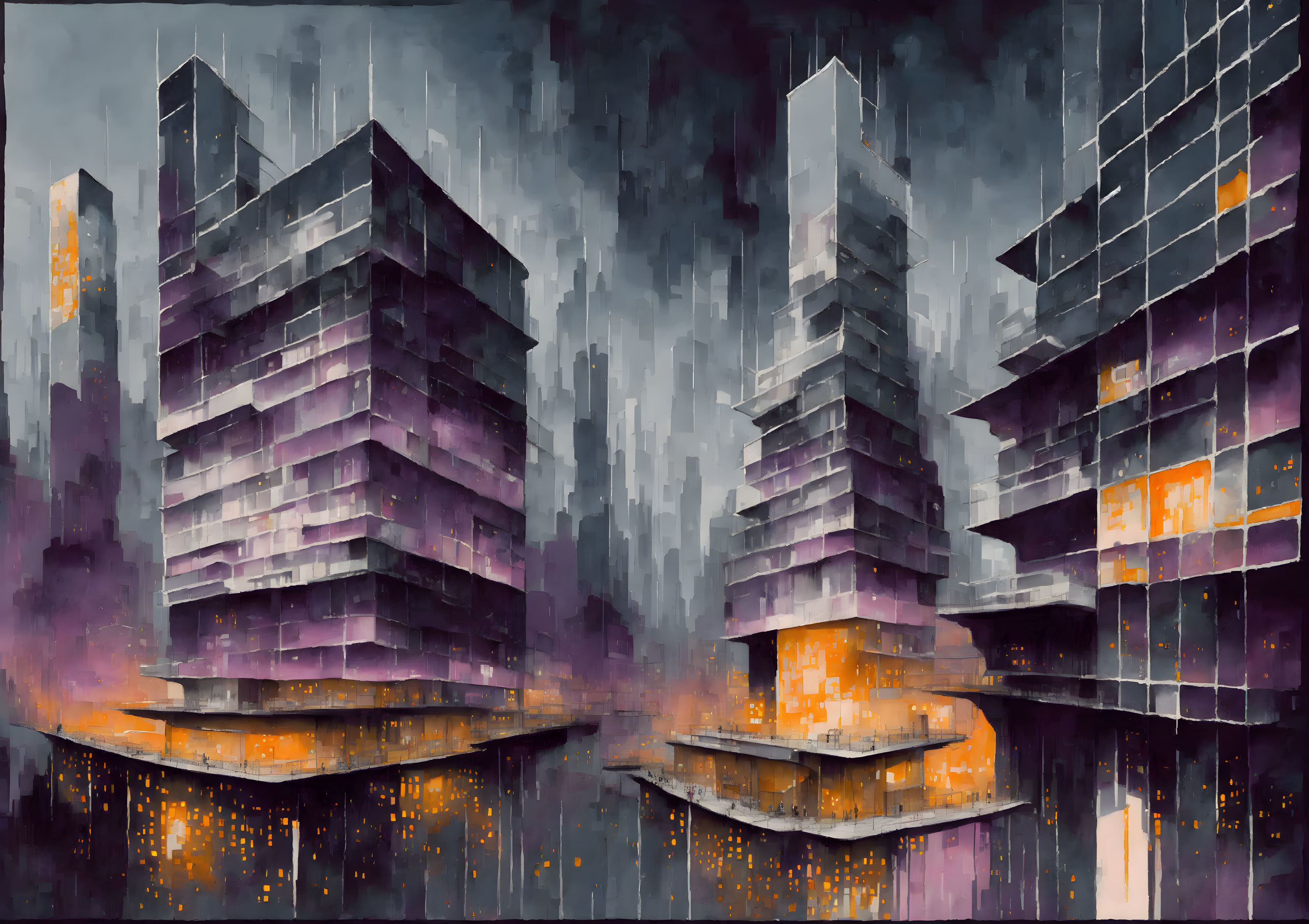 Futuristic buildings digital painting with purple and orange windows