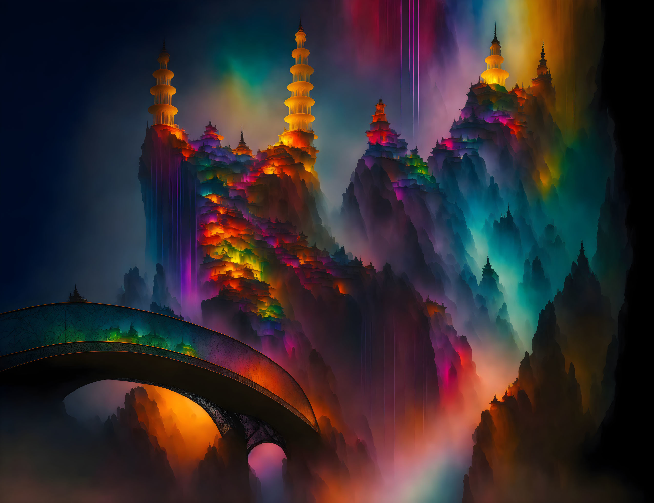 Colorful mountains, waterfalls, bridge, and pagodas in a vibrant fantasy landscape