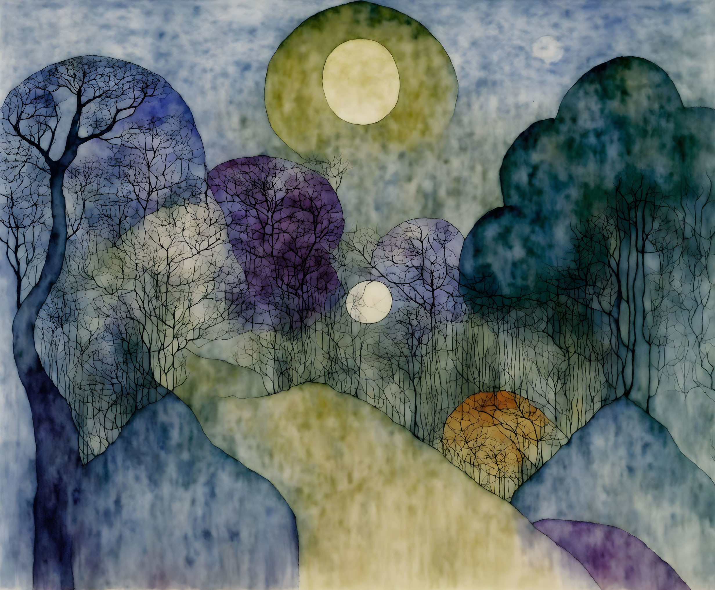 Ethereal watercolor-style art: stylized trees under multiple moons