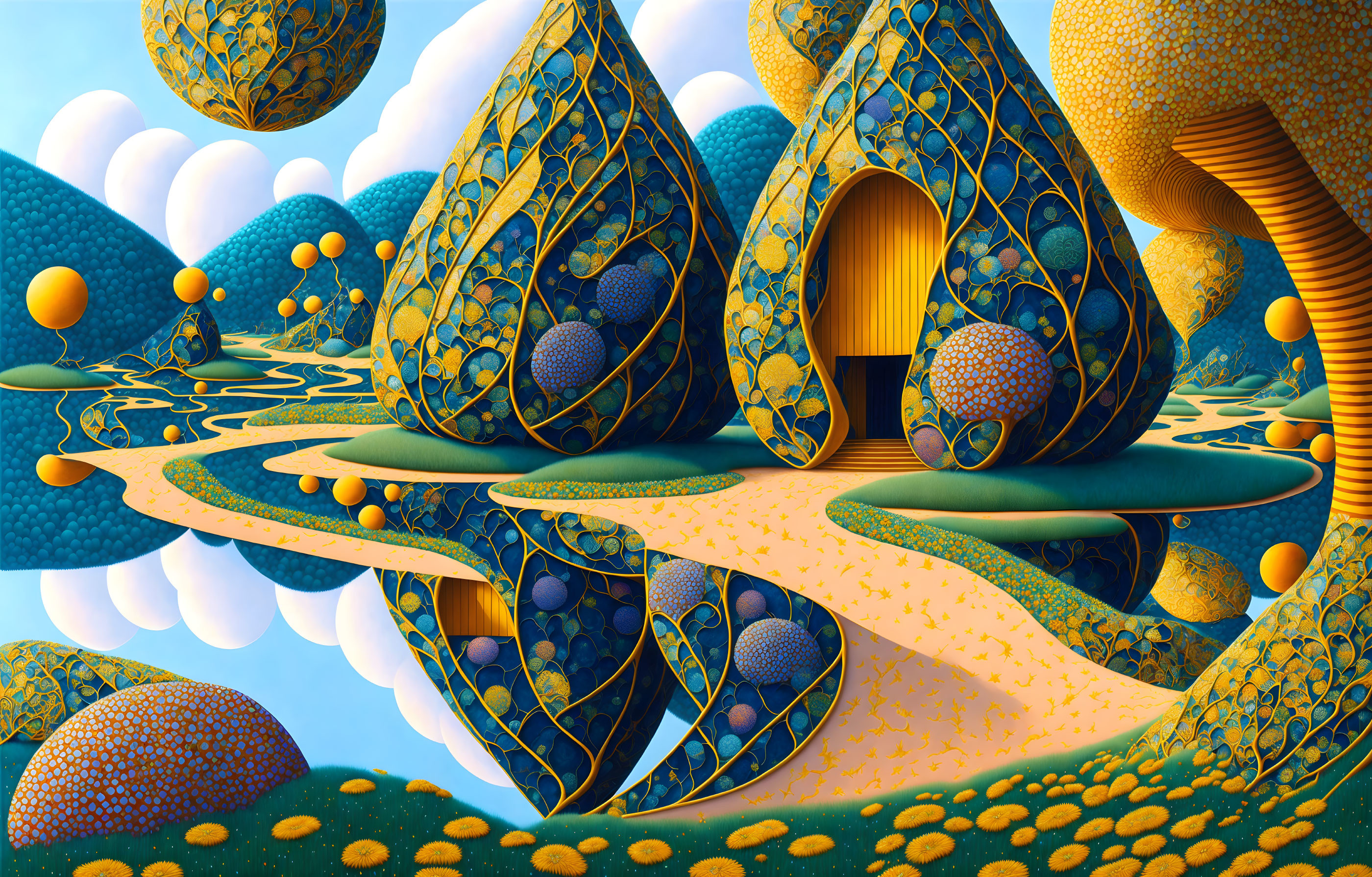 Colorful digital artwork: surreal teardrop shapes, intricate patterns, spheres in fantastical landscape