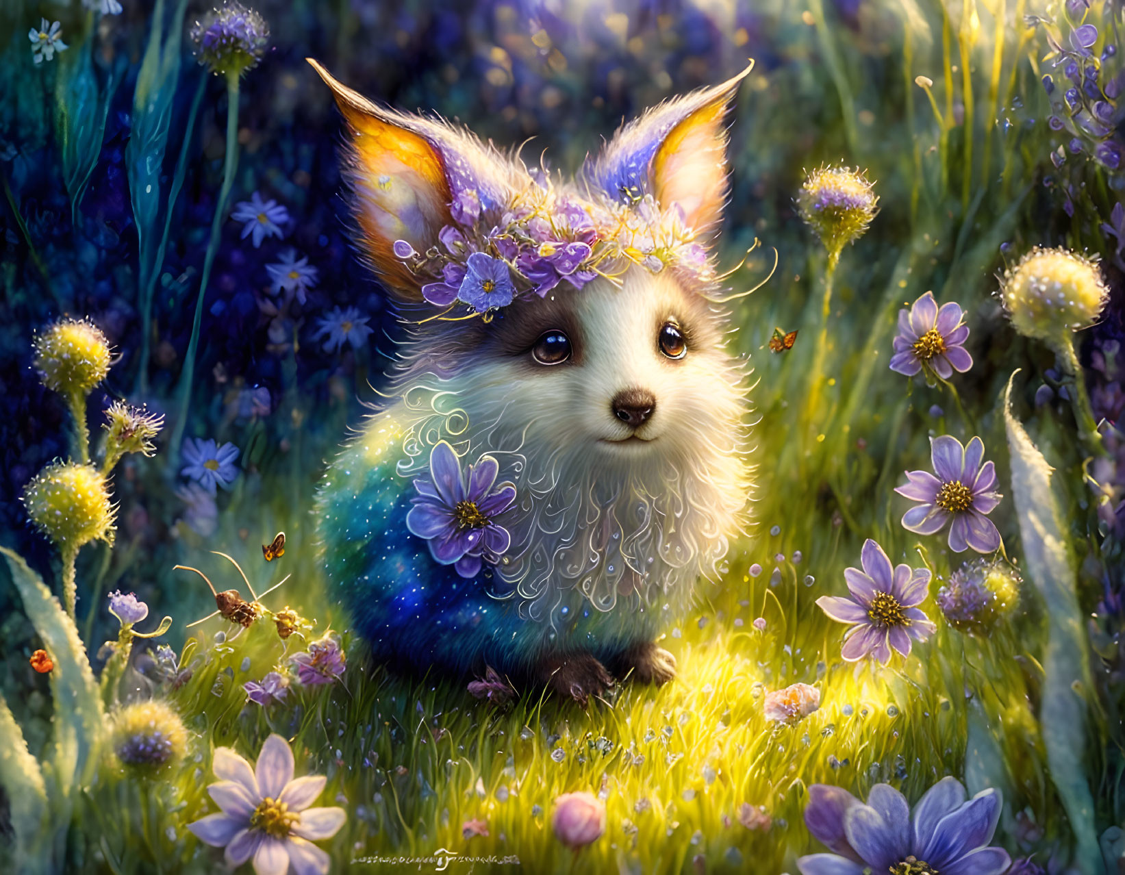 Colorful Illustration of Cute Fluffy Creature in Magical Meadow