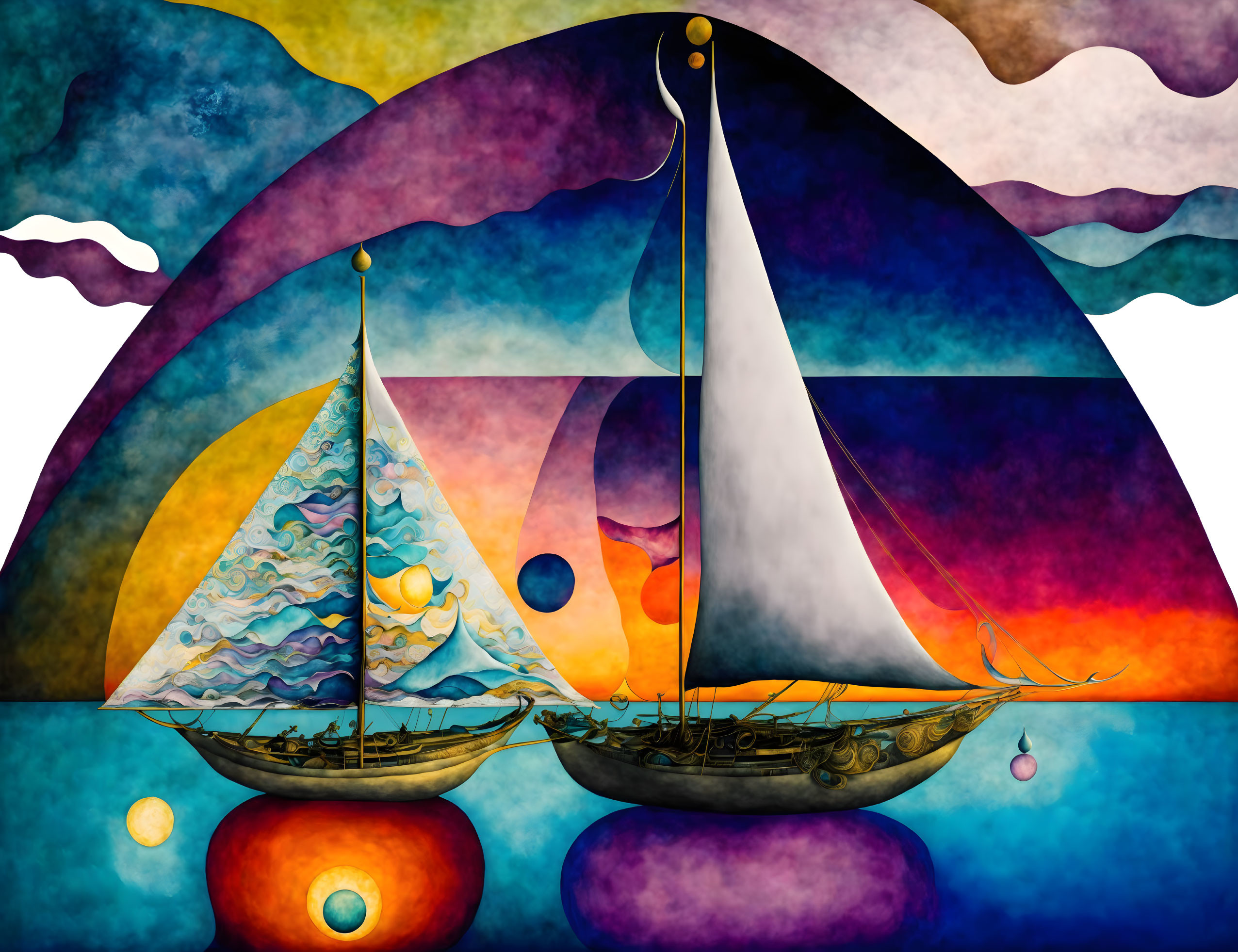 Colorful digital artwork: sailboats on water with abstract sunset background