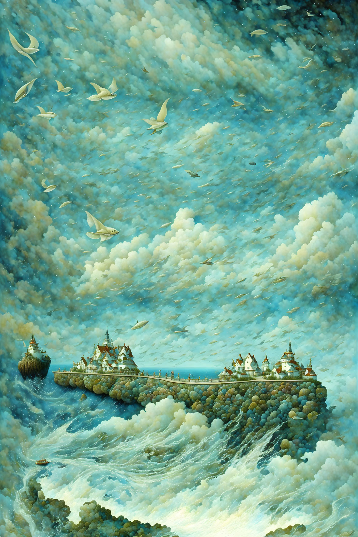 Surreal painting: ship-like island with buildings, in cloudy sea under bird-filled sky