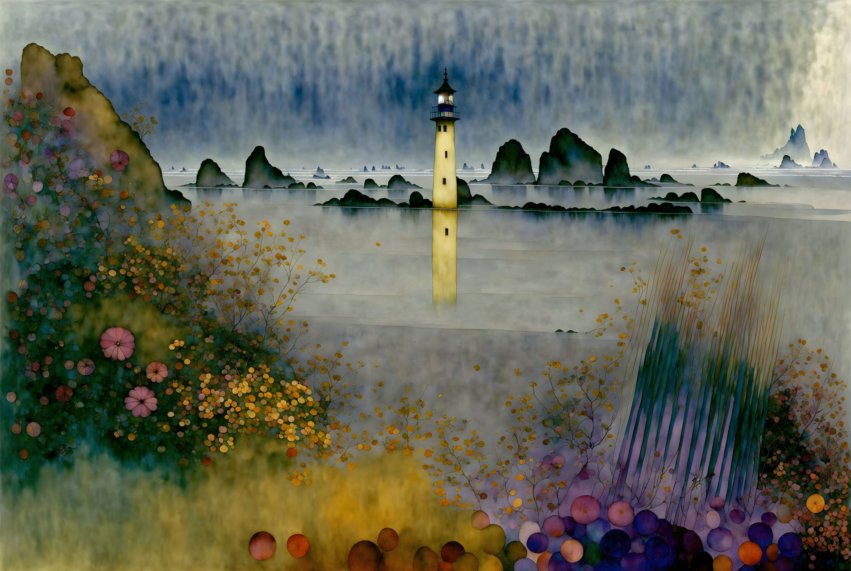 Seascape digital art with lighthouse, misty islands, vibrant flowers