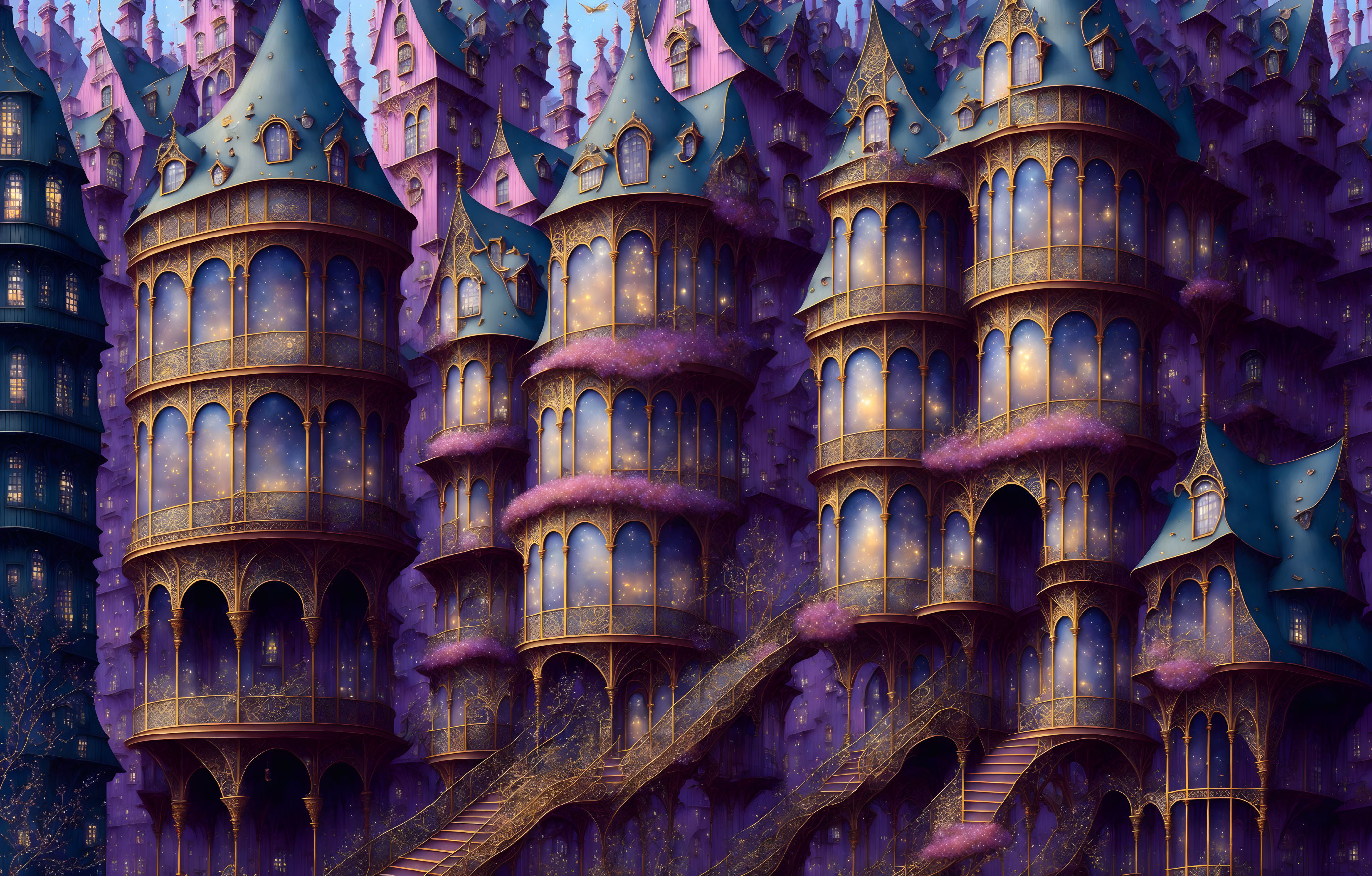 Intricate Violet Castle with Arched Windows and Towers